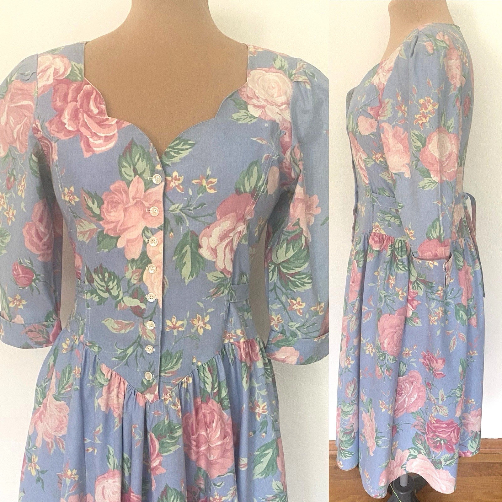 Vintage 80s EXPO Chintz Party Dress *Size 8* Blue Rose Floral Tie Back Dress