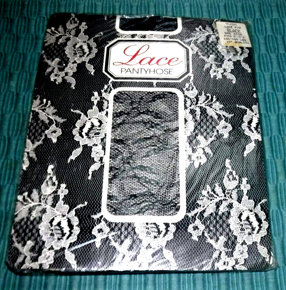 Vintage Black Lace Panty Hose One Size 100-160 lbs – New in Package OS