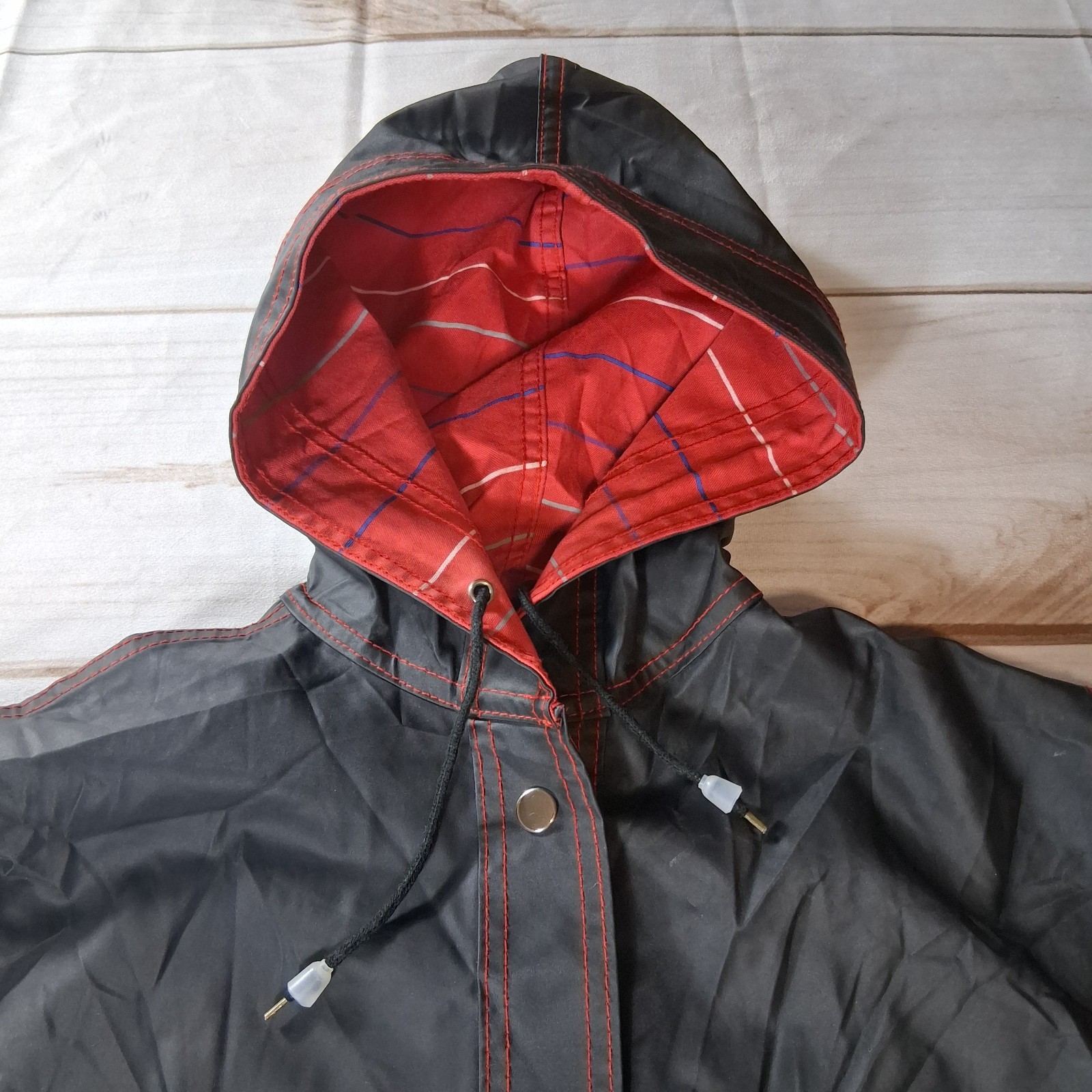Rainskins Vintage 1980s Hooded Vinyl Raincoat Womens Size L Black Snap Front