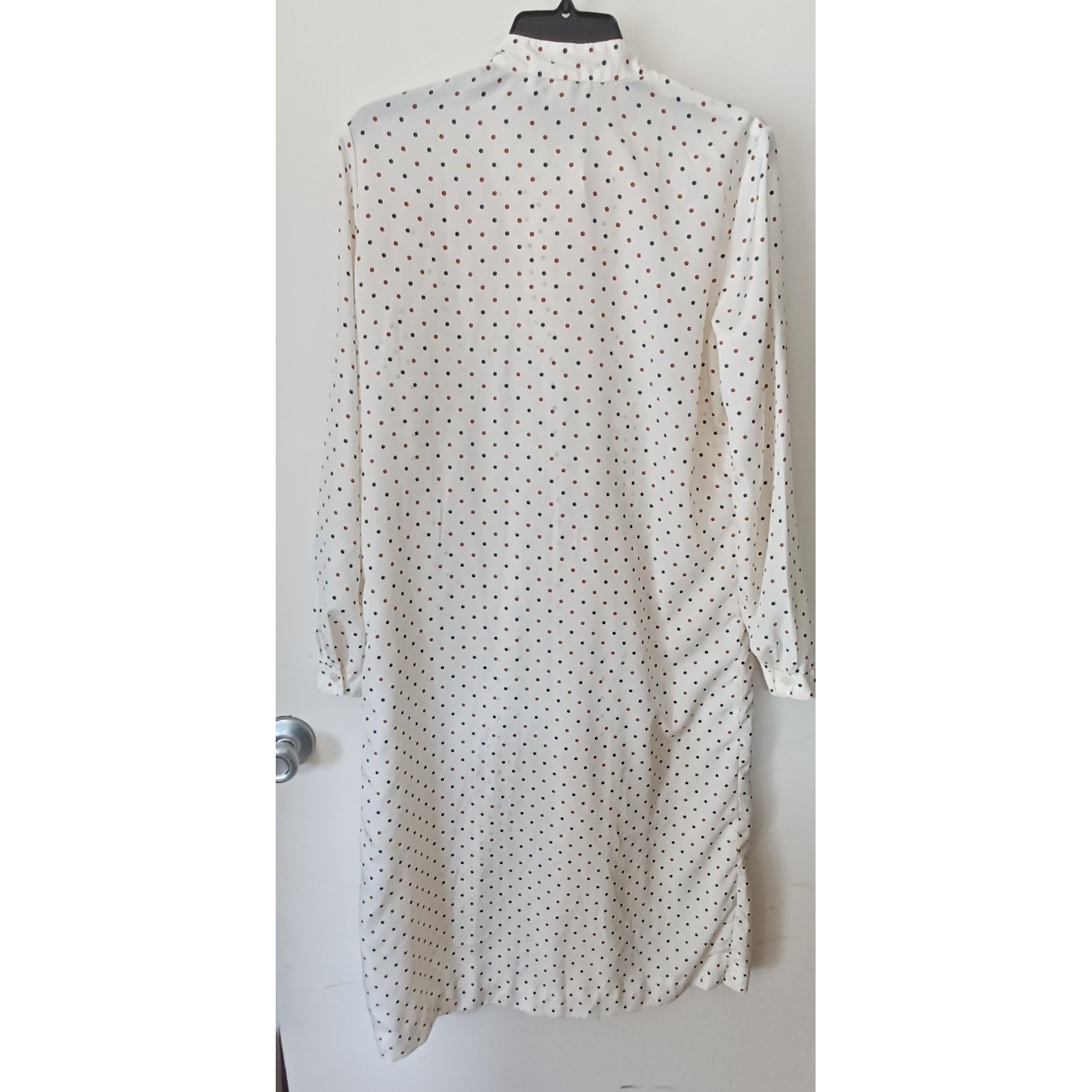 Country Miss Shirt Dress Women 12 Cream Polka Dot Tie Neck Vintage 70s Secretary