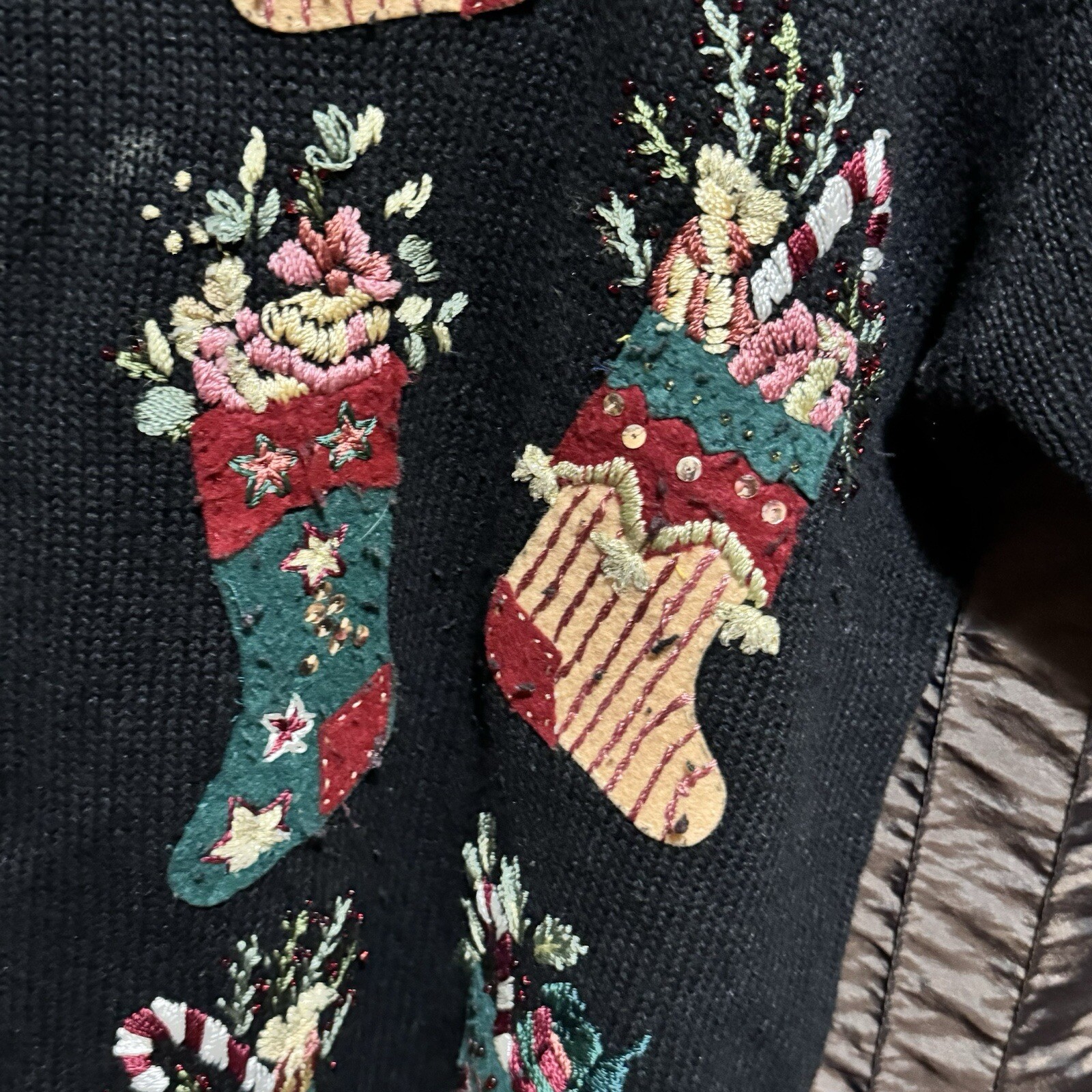 Stitches In Time Cardigan Sweater Stockings Holiday Christmas Black Size 1X Vtg