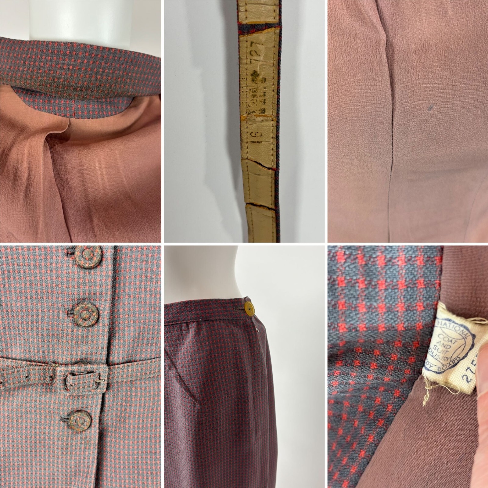 Vintage 40s Pink Suit Women’s Small Gray Checkered Fitted Jacket Skirt Set