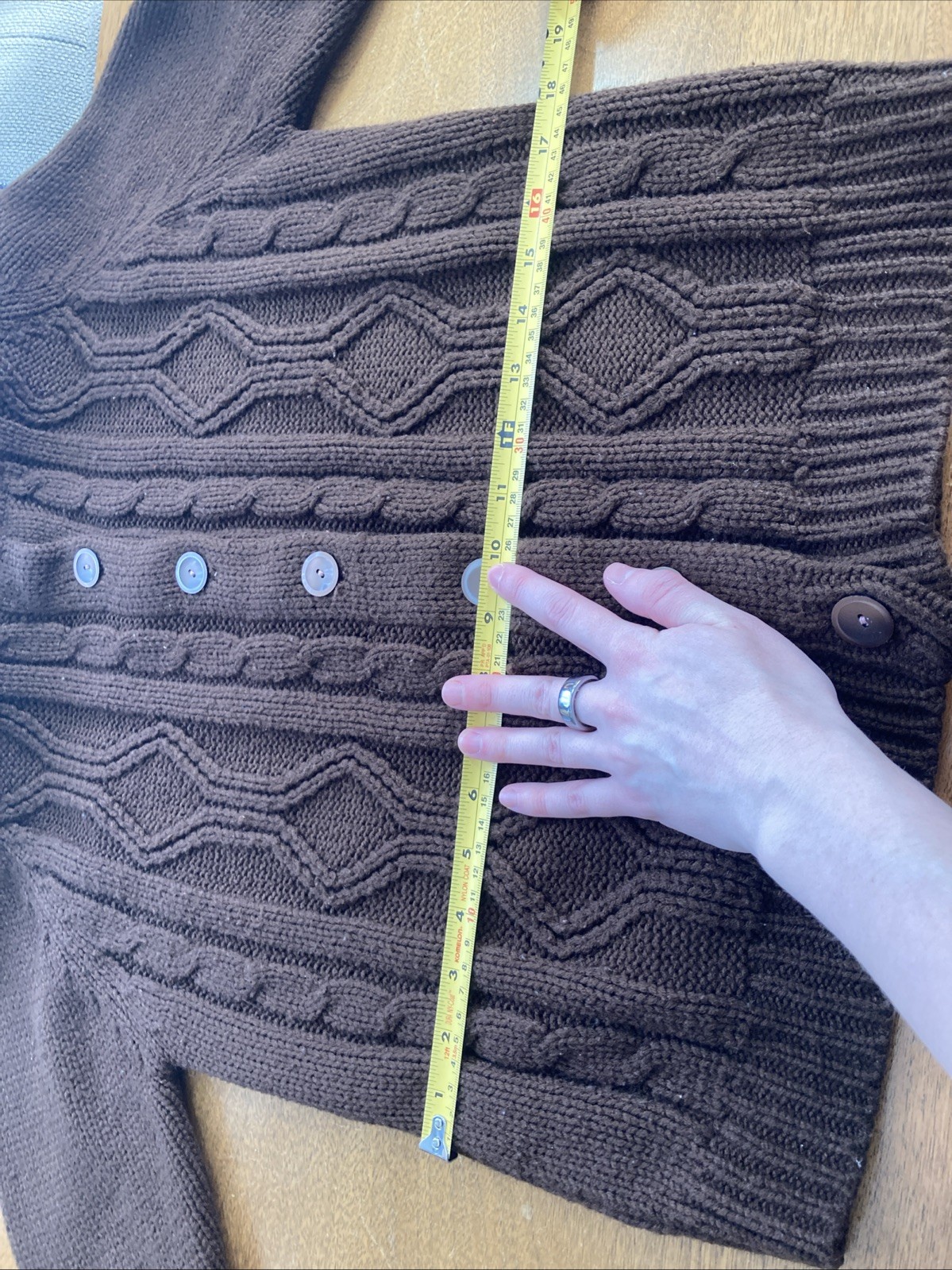 Vintage 1970s Women’s Brown Knit Cabled Acrylic Button Down Cardigan House Coat