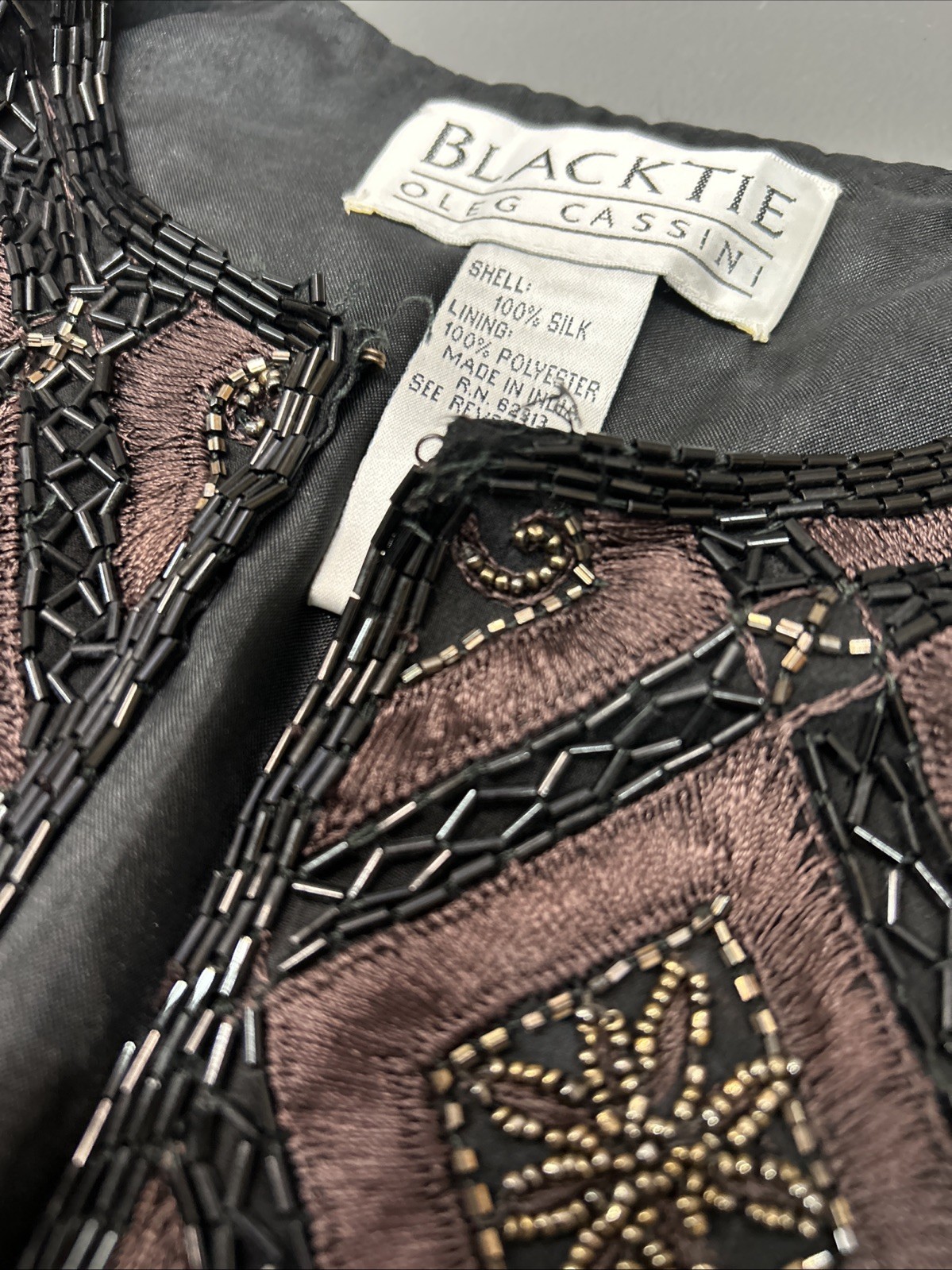 Vintage 1990s Black Tie Oleg Cassini Embellished Beaded Sequin Silk Jacket Sz S