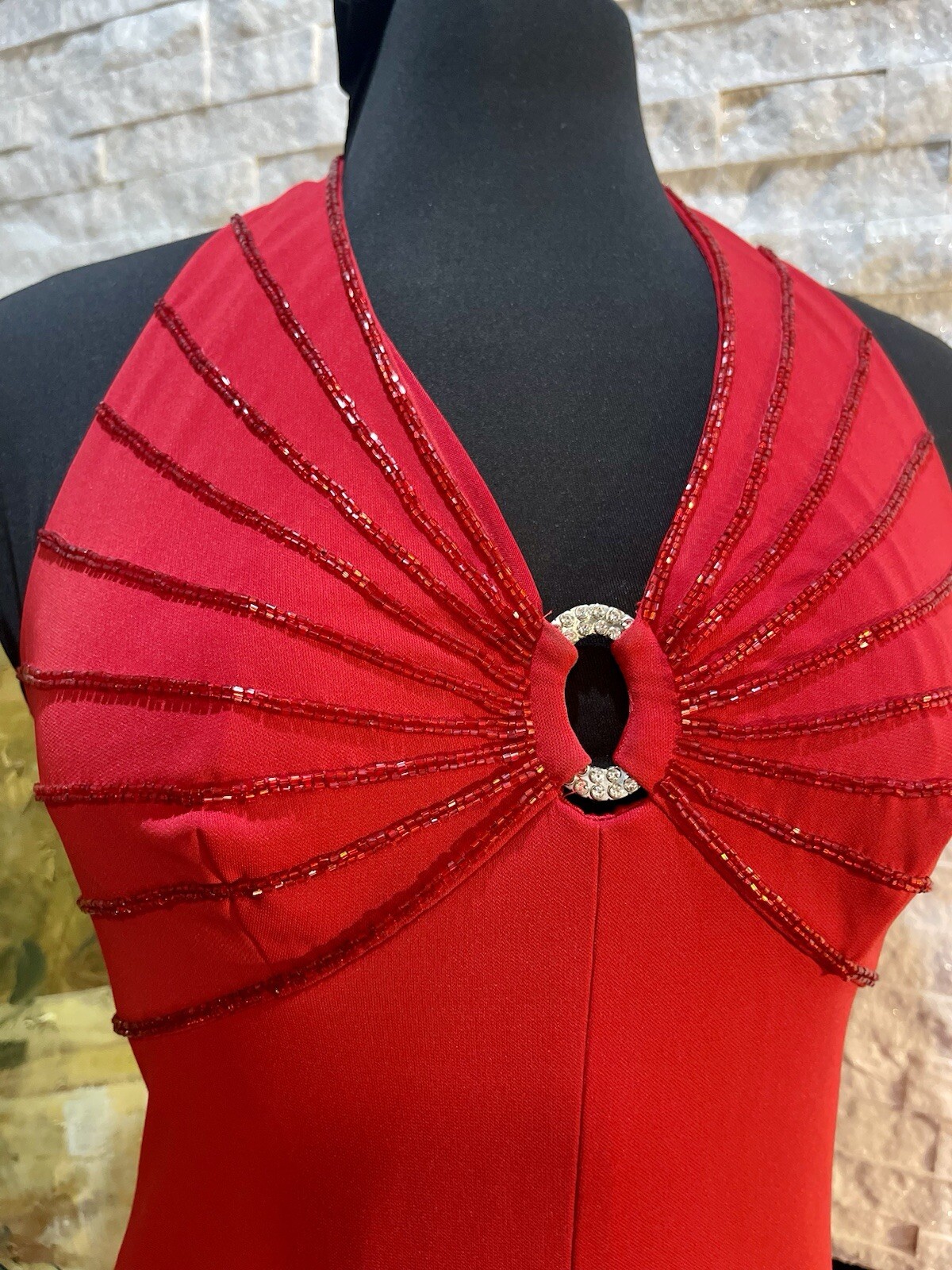 VTG De Laru Y2K Sexy Red Halter Dress Beading Rhinestone Size 8 A Line