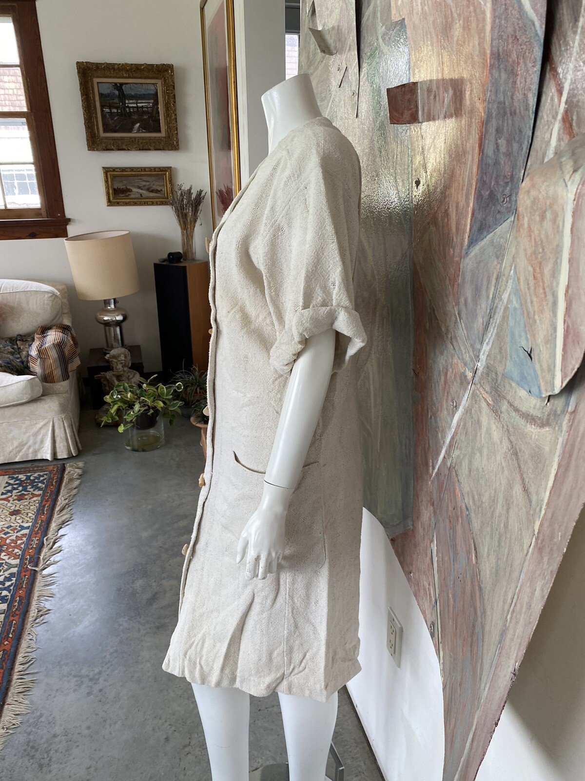 Vintage Regina Kravitz Dress Cream Linen Pocketed Size 6 Mid Length Boho Shift