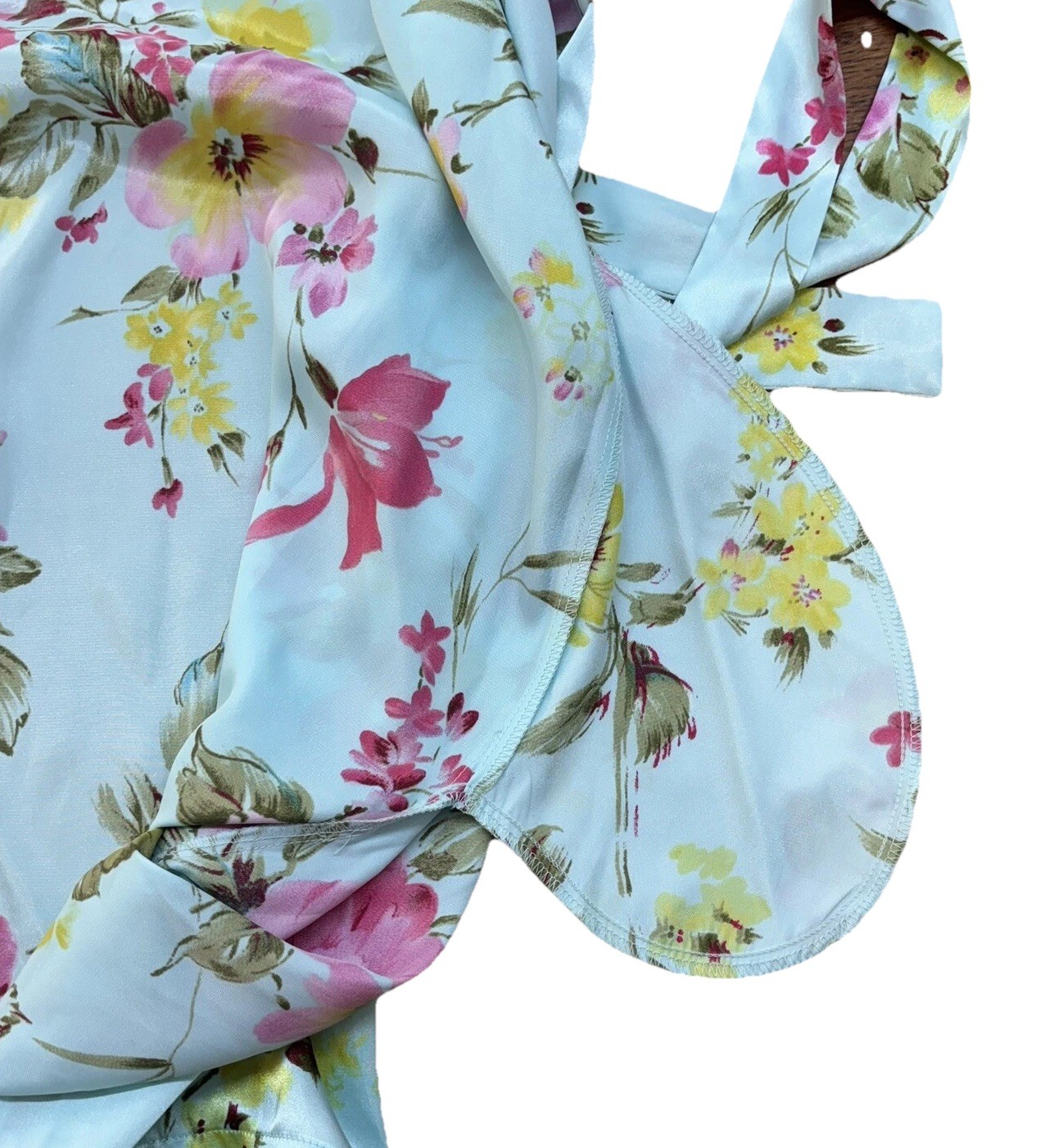 VTG LA Intimates Sz L Robe SS Kimono Wrap Blue Floral Romantic Garden Flowers