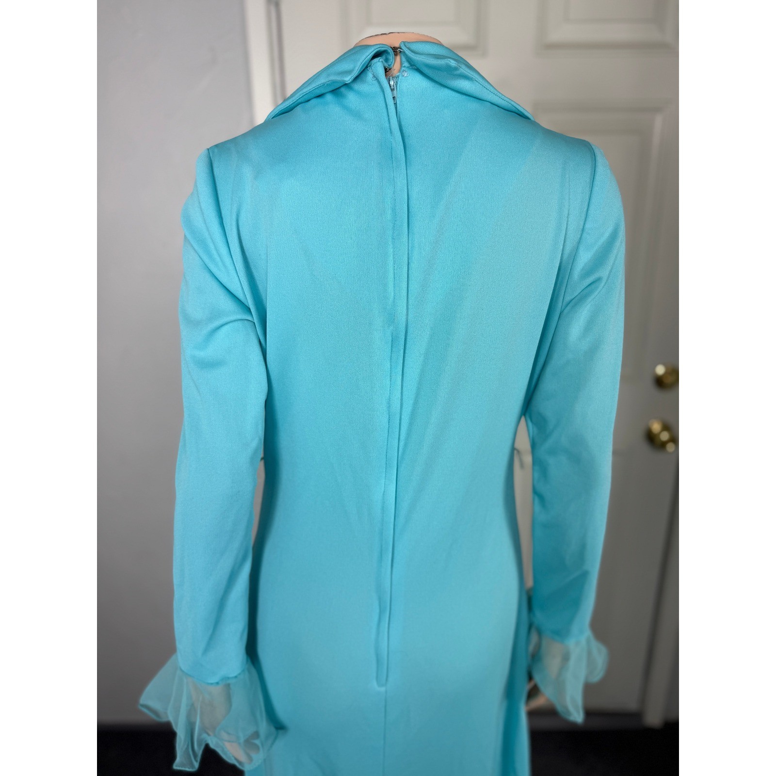 Vintage 70s Dress Bridesmaid Maxi Polyester Knit Party Formal Evening Ruffle NN3