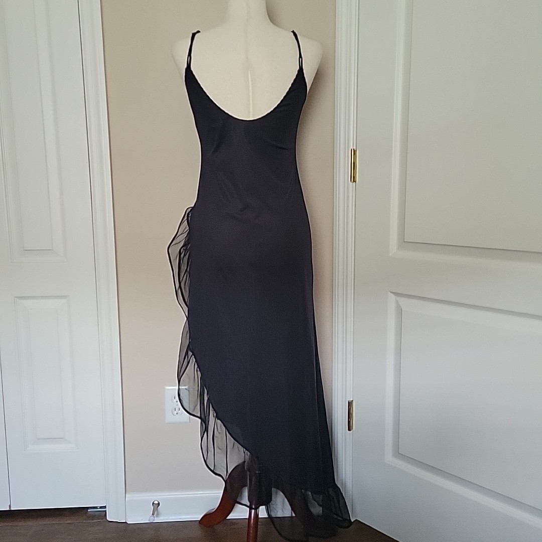 Vtg Lady Cameo Black Ruffle Slip Maxi Dress S Open Slit Lingerie 80s 90s Sheer