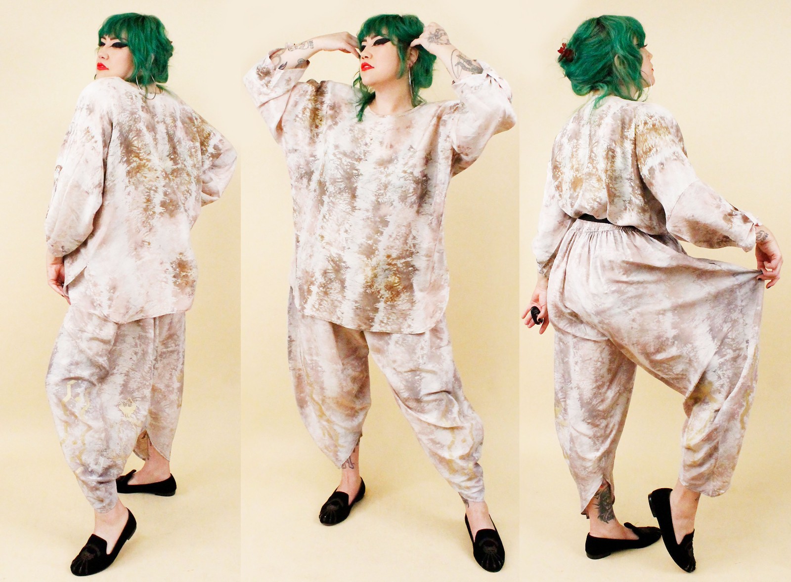 80s Vtg Silk Beige Gold Laise Adzer Langenlook Moroccan Harem Pant Suit OS