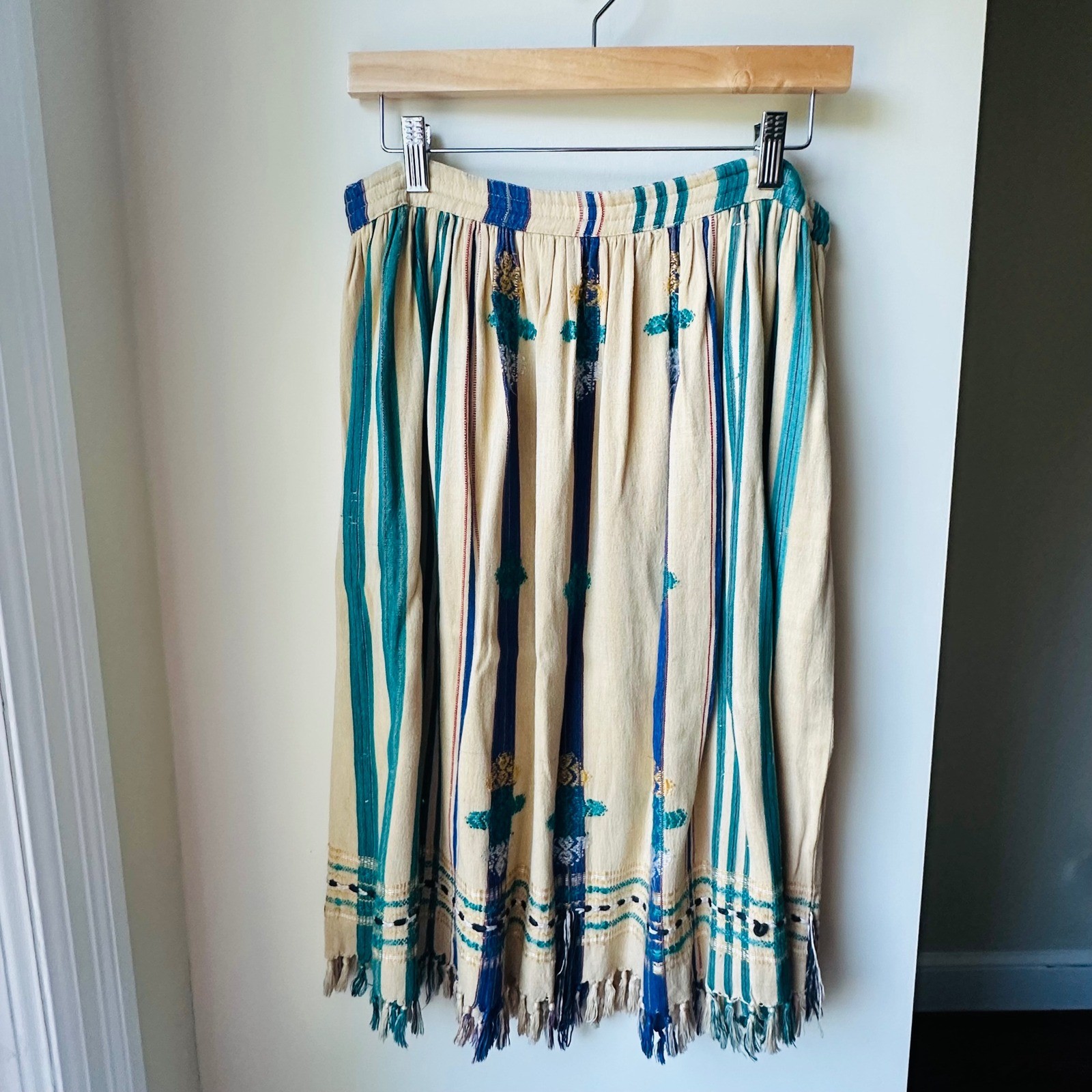 Vintage 70s Supercraft Skirt Blue Teal Woven Embroidered Fringe Boho Medium