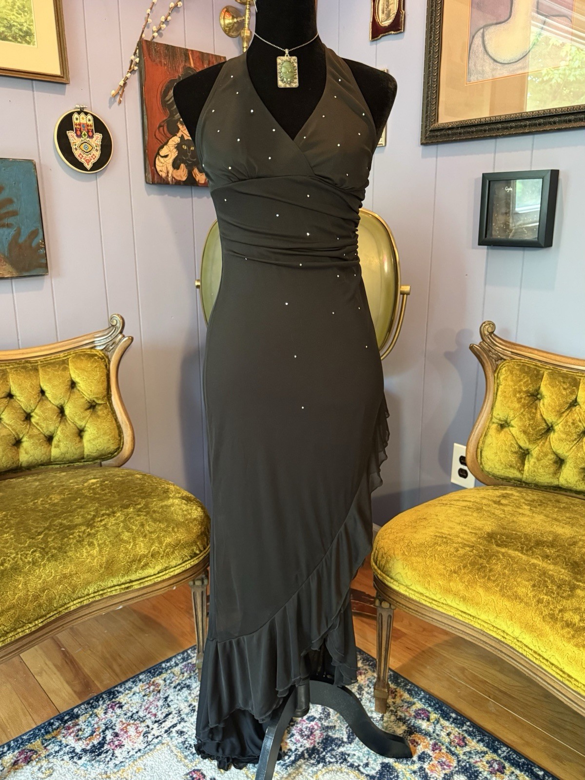 Vintage Y2K Rampage Asymmetrical Ruffle Hem Halter Scattered Rhinestone Dress