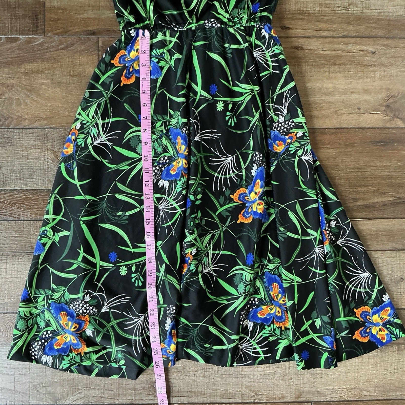 70s VINTAGE Yves Jennet Tropical Floral Midi Dress Size 14 Black Butterfly #6D6