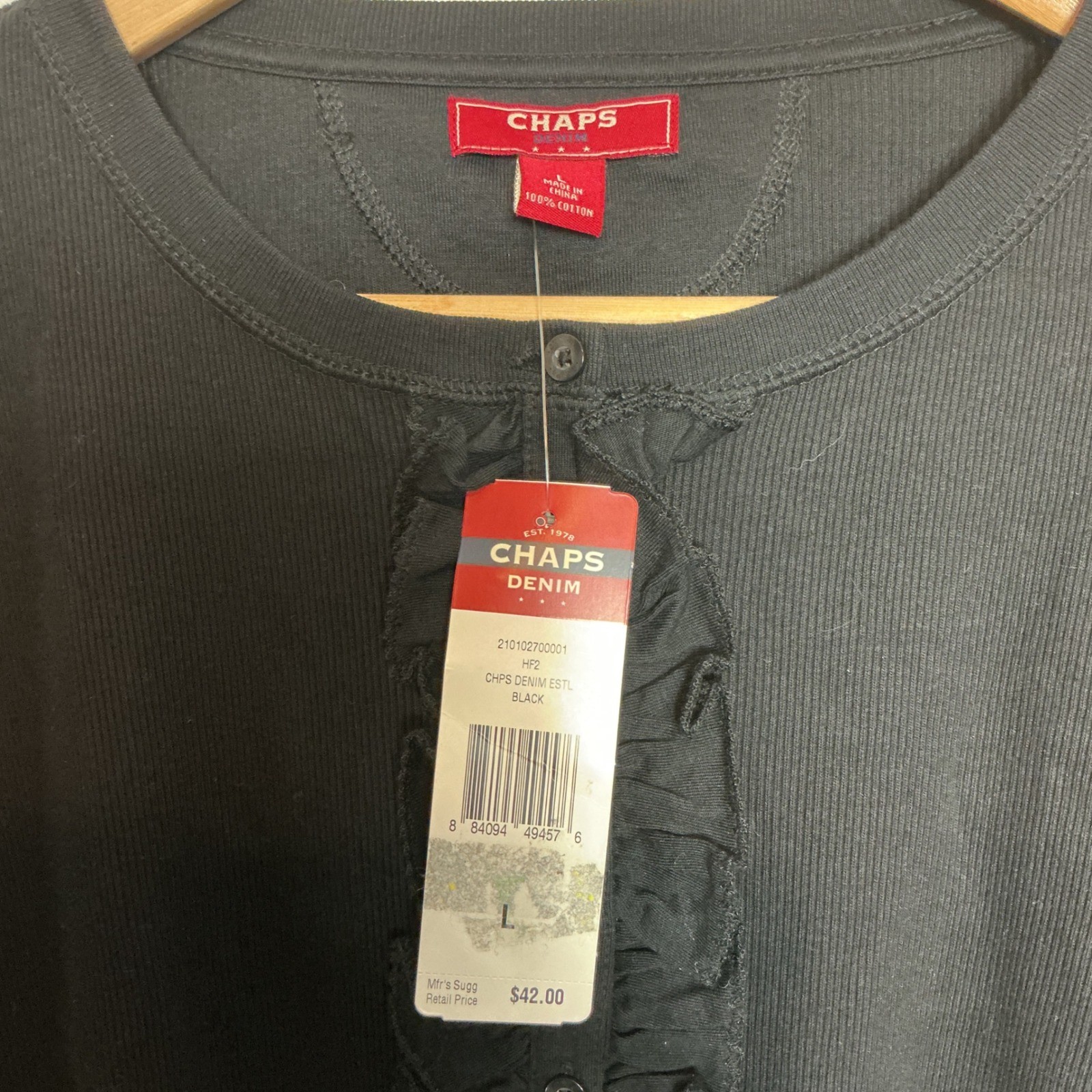 Chaps Denim Vintage Tags Black Ruffle Henley Top NEW Preppy Y2K