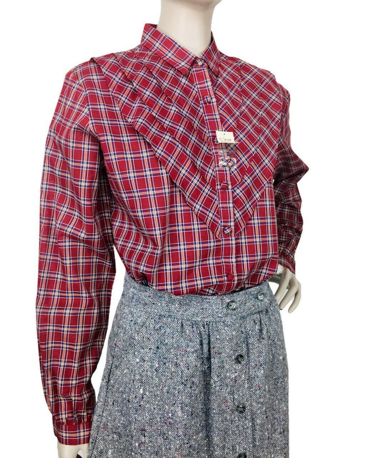 Vintage 80s Boho Western Cowgirl Plaid Ruffle Front Button-Down Blouse NEW