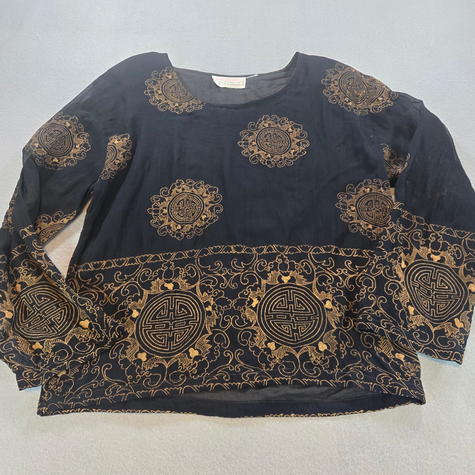 Passports Pier 1 Imports Blouse Women L Black Gold Sheer Asian Medallion Vintage
