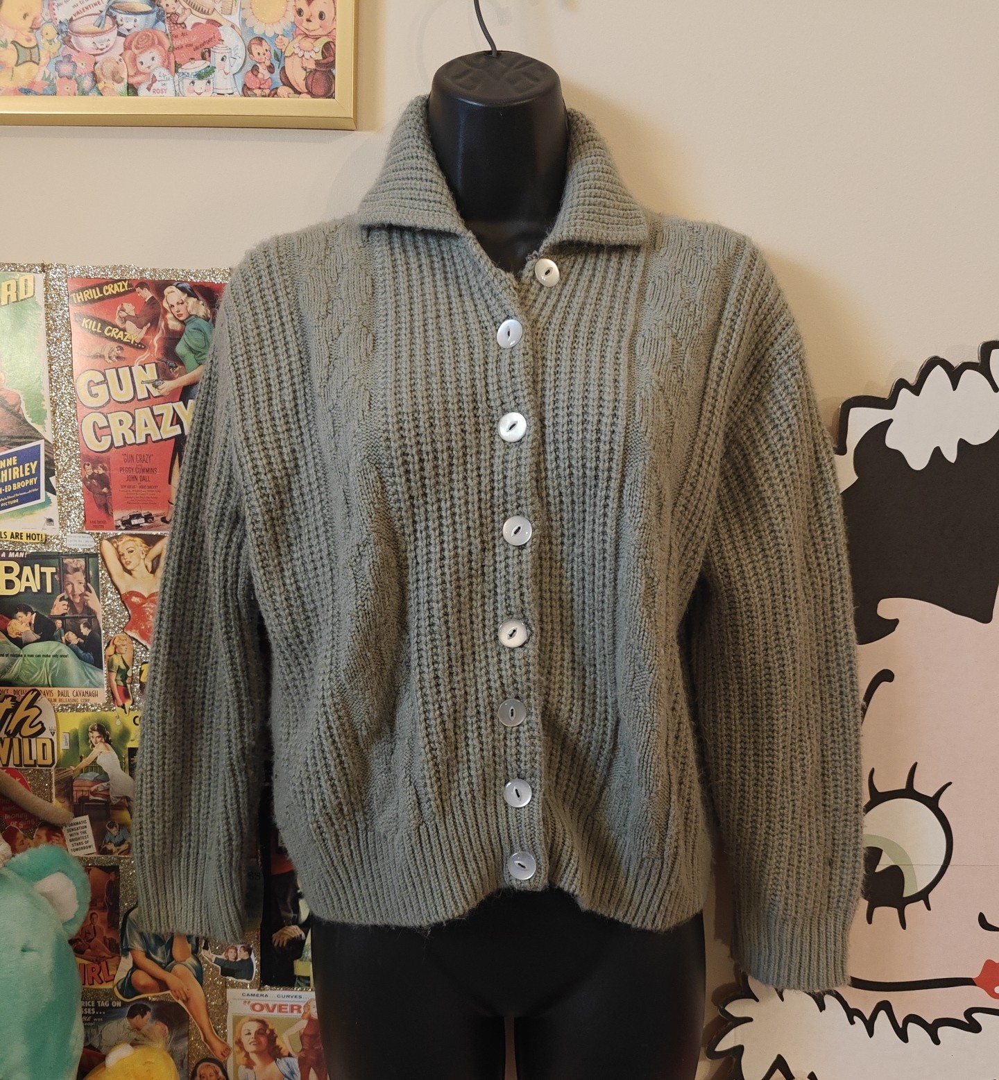 Vtg 60s 50s Khaki Olive Green Cable Knit Collared Cardigan Sweater Preppy Medium