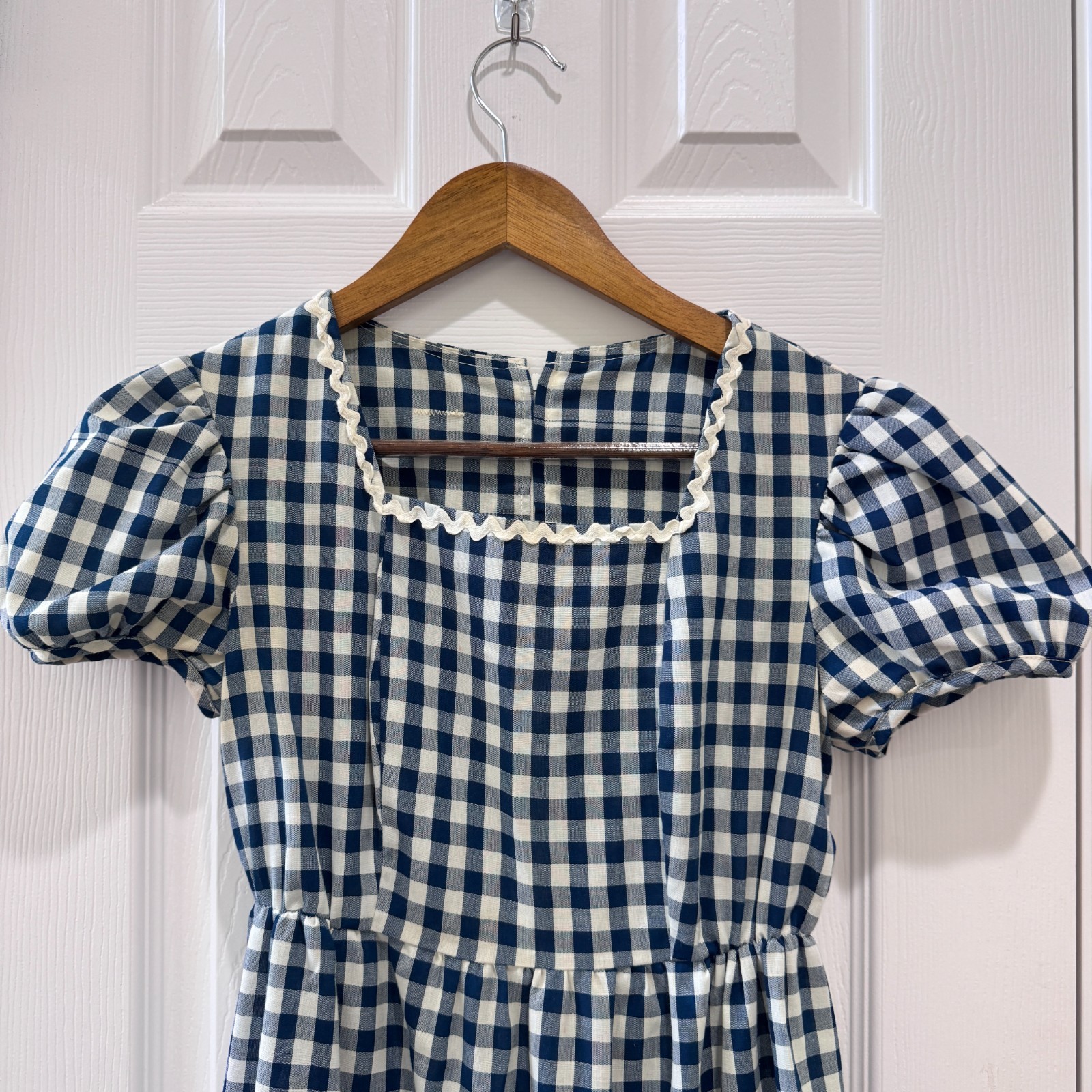 Vintage Handmade Blue White Gingham Prairie Maxi Dress Puff Sleeve XS 70s Style