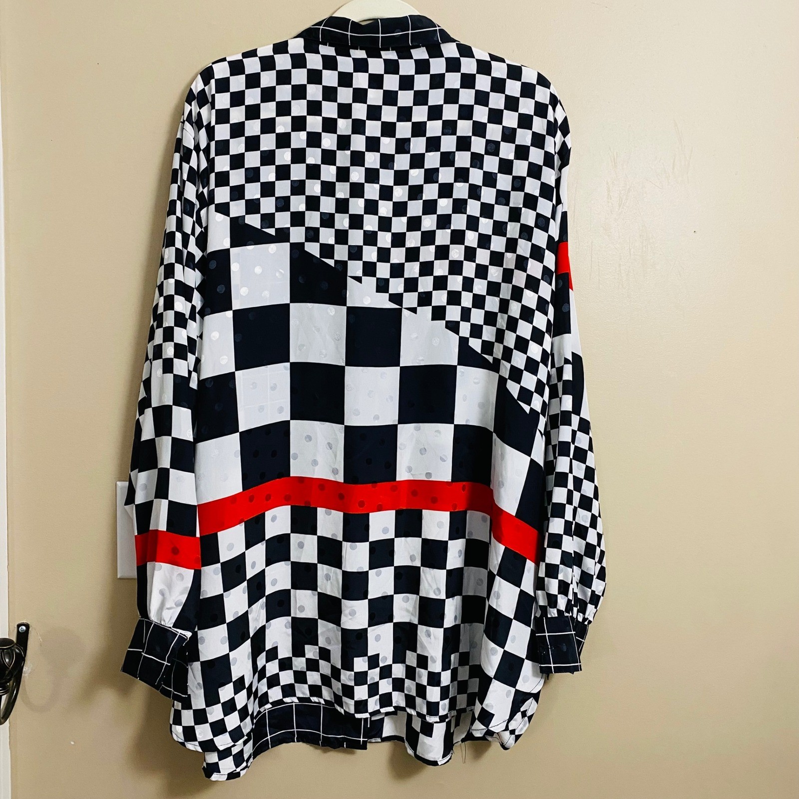 Angela Marie for Chez Vtg Satin Red Black Checkered Artistic Tunic Blouse Sz 20