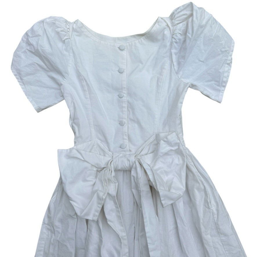 Vintage 1990s Laura Ashey White Cotton Cottagecore Bow Prairie Hippy Dress Sz 8