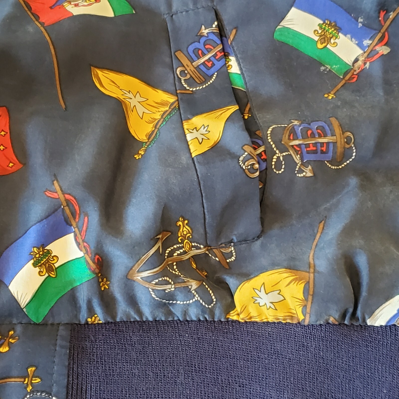 Vintage 90s Navy Blue Silk Womens Bomber Jacket S/M Flags Nautical Yacht