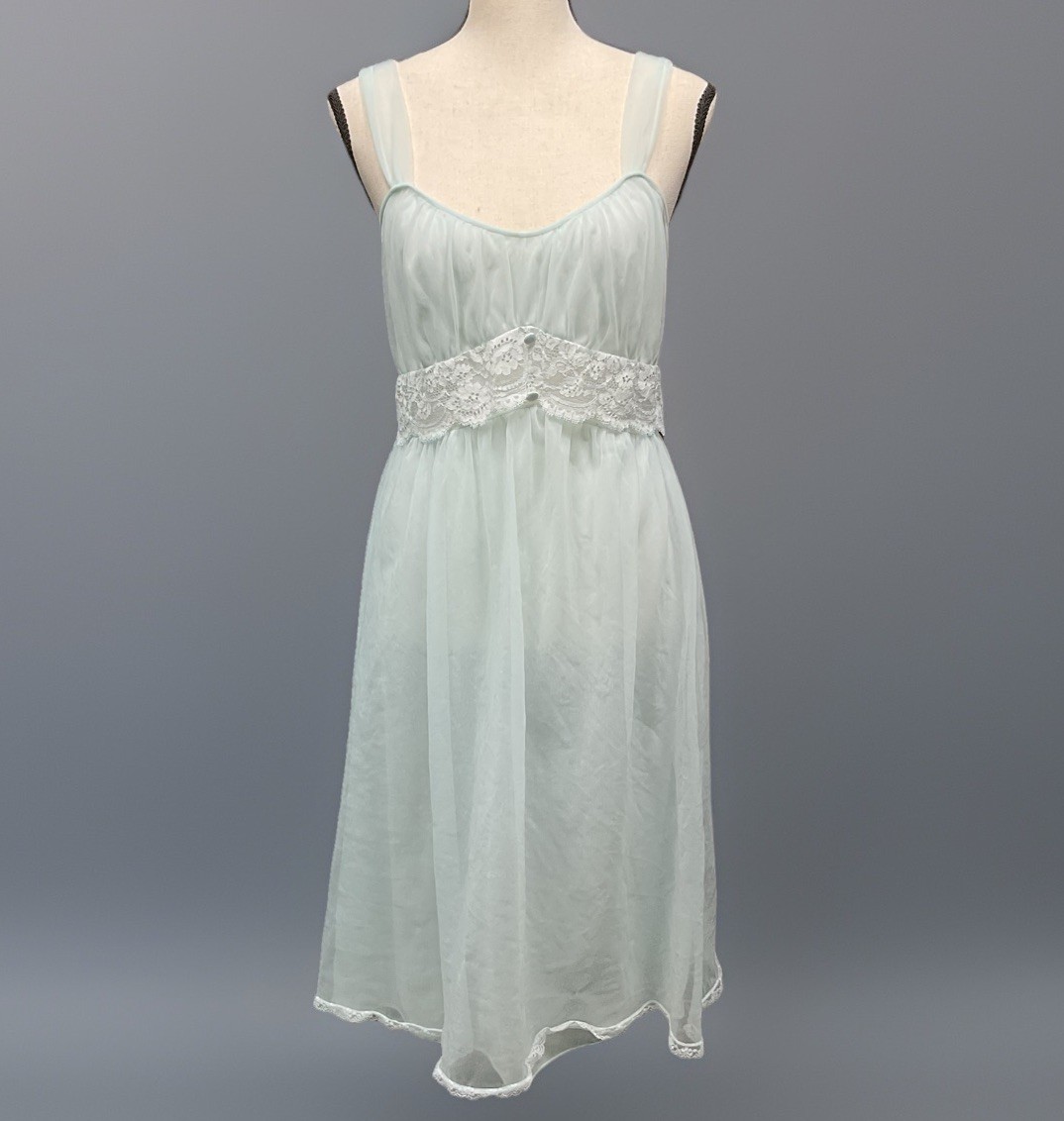 VTG Lisette Lingerie Blue Lace Chiffon 2 Layer Nightgown Sz 32/S Hollywood Glam