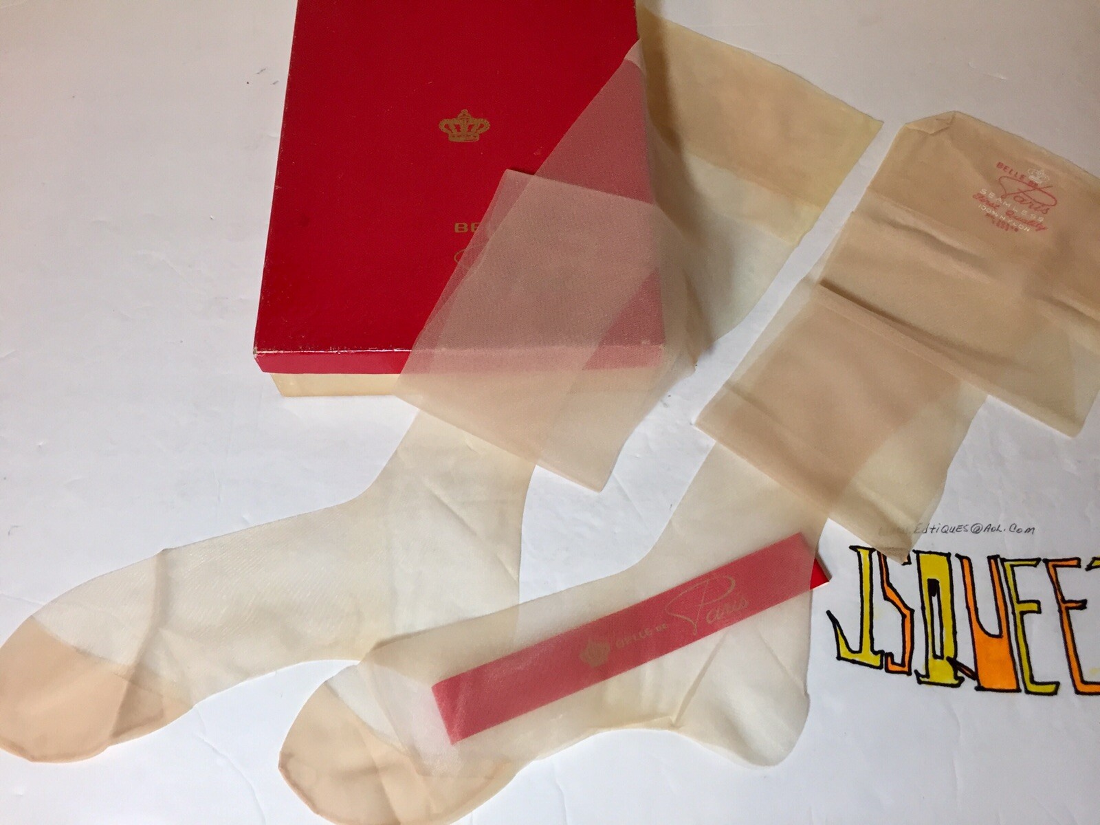 6 Pairs Nylon Stockings Belle de Paris 9 1/2 X 31 1/2” Vintage 4” Toe Nude Heel