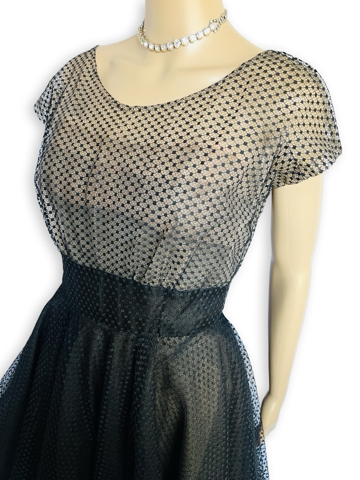 Vintage Nettie Rosenstein Bonwit Teller 1950s Nude Illusion Black Tulle Dress
