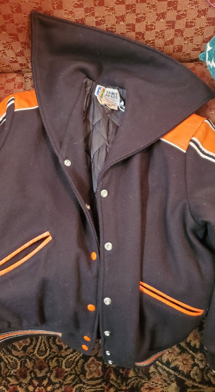 Vtg Trophy Jackets Varsity Letterman Jacket Womens 22 XL Orange Black White