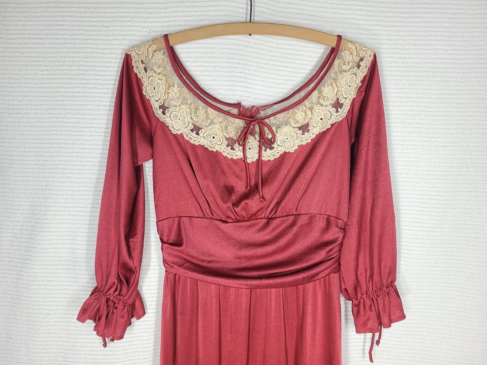 Vintage 1970s Long Dress 14 L Burgundy Liquid Knit Lace Mesh Bust Poly Union Tag