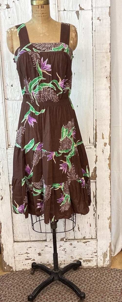 70s Vintage Sand Pebble Of Hawaii Tropical Print Sun Dress Cotton Ruffle Hem Sm