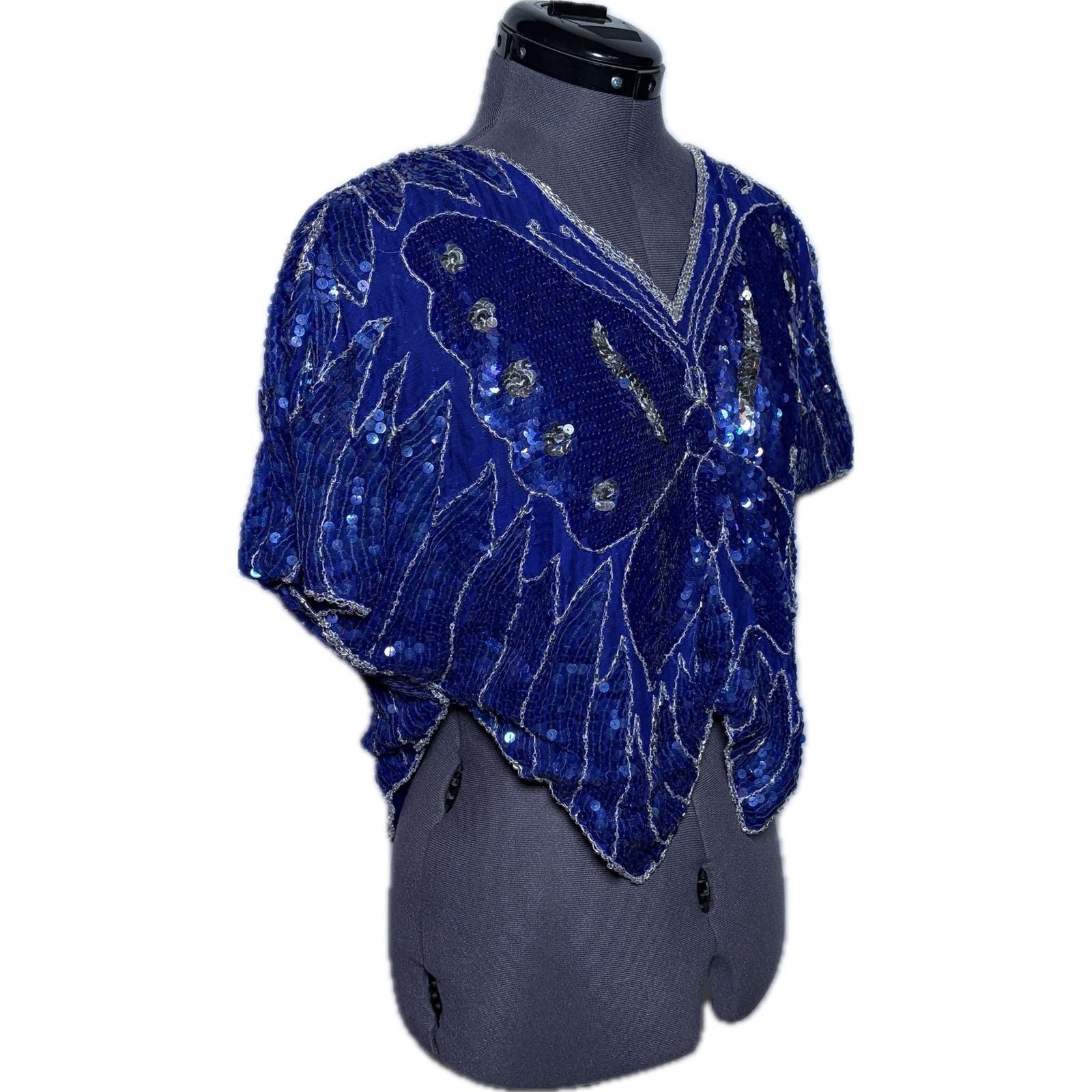 Vtg 70s Blue Butterfly Sequin Beaded Silk Top Disco Party Blouse B40 W30 S DMG