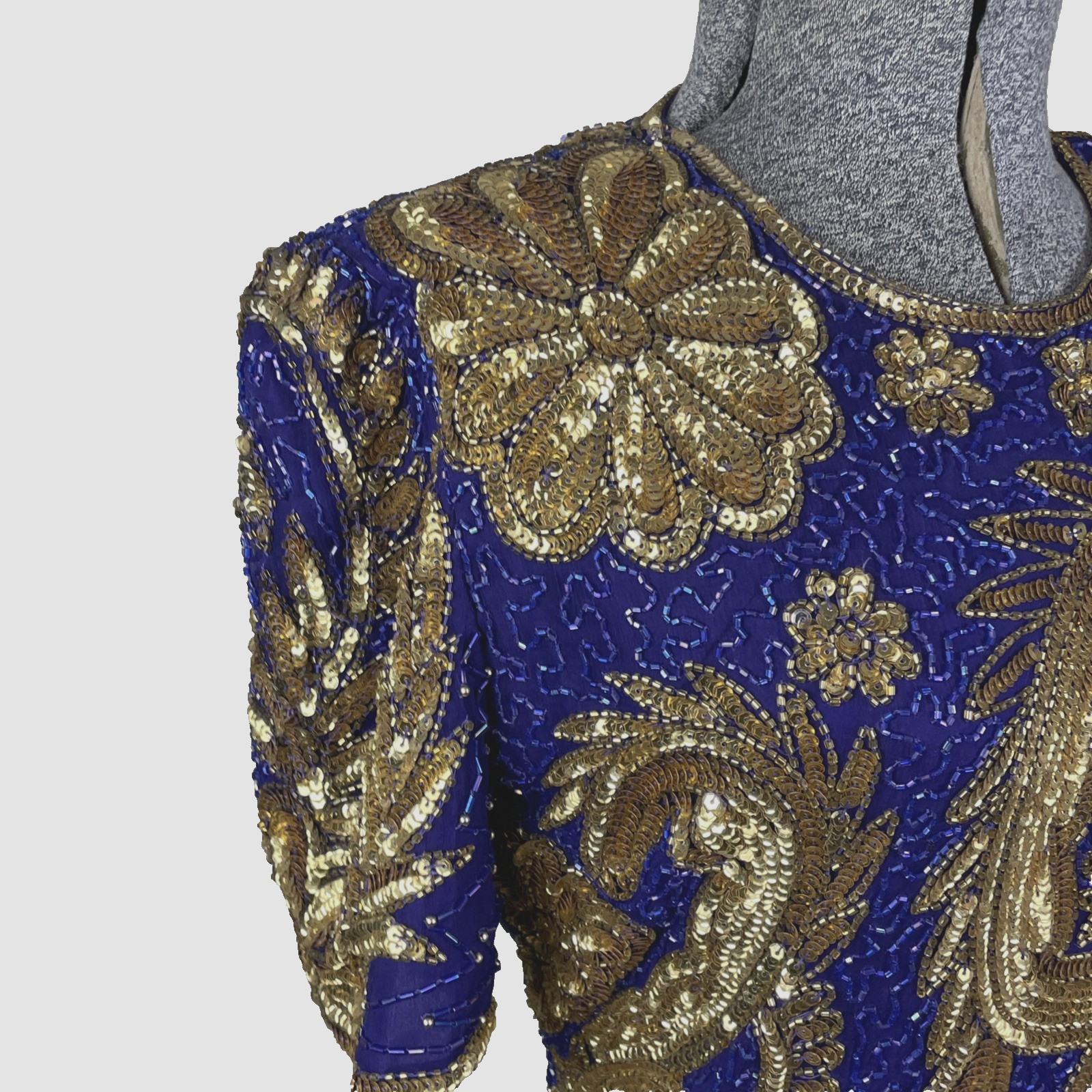 Vintage Lawrence Kazar Cocktail Dress Silk Beaded Sequins Size XS Purple Gold