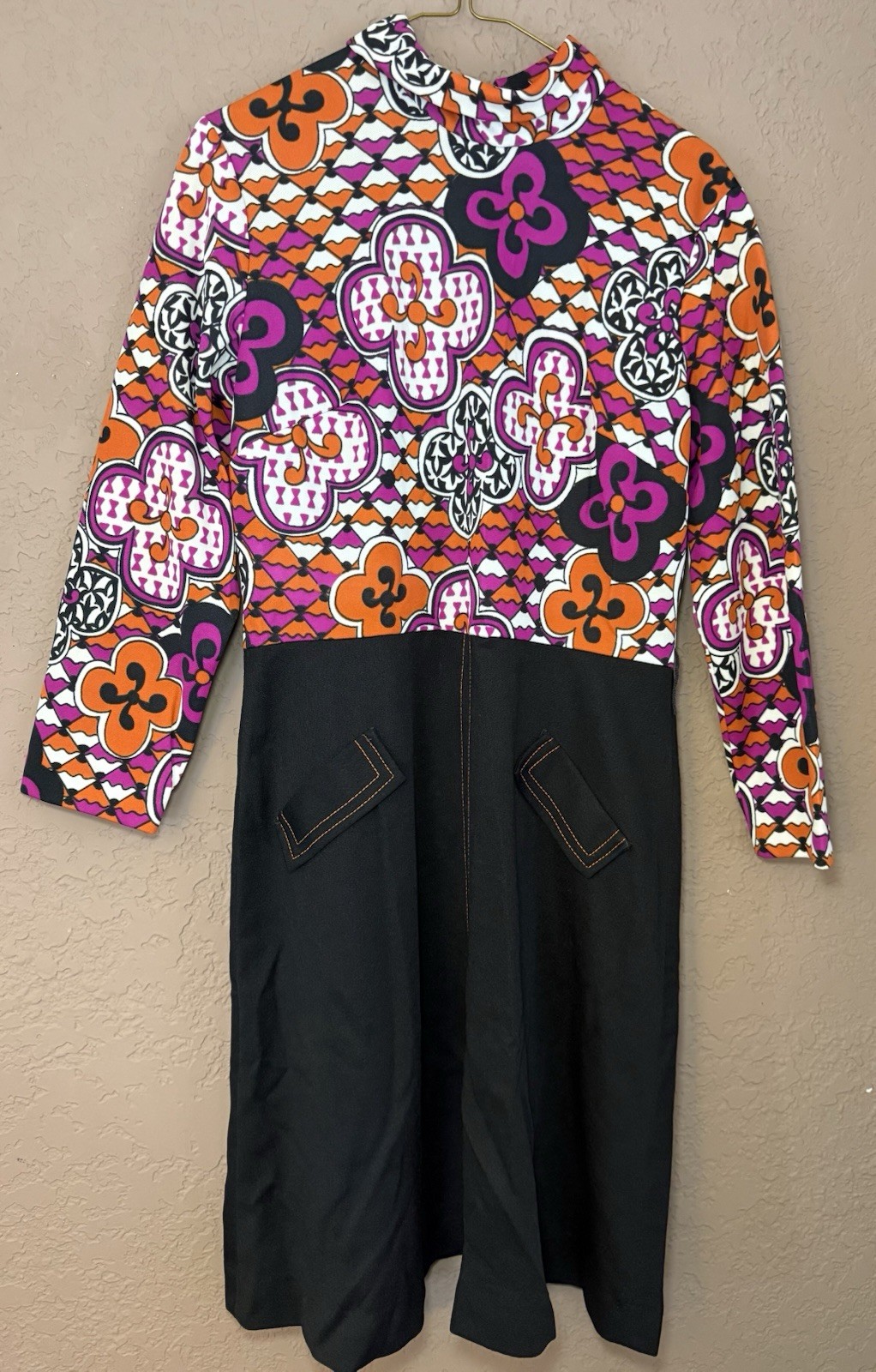 Mid Century Modern Vintage Pink Orange Mod Print Midi Dress Denim Look Bottom M