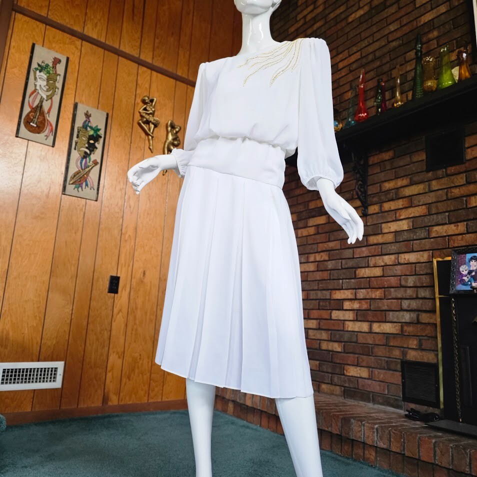Vintage 80s Sheer Disco Winter White Gold Glitter Flame Blouson Party Dress S/M