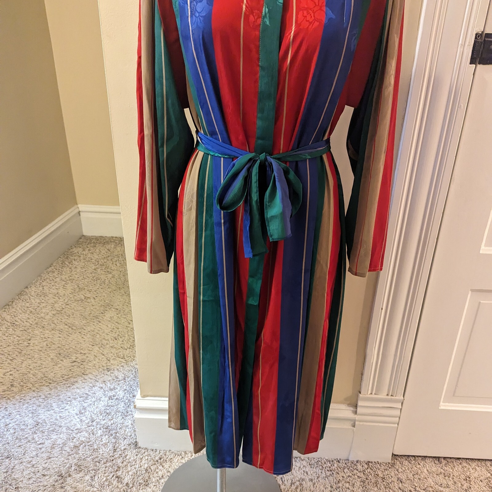 Vintage Cassidy red, blue, green and tan striped dress size 14