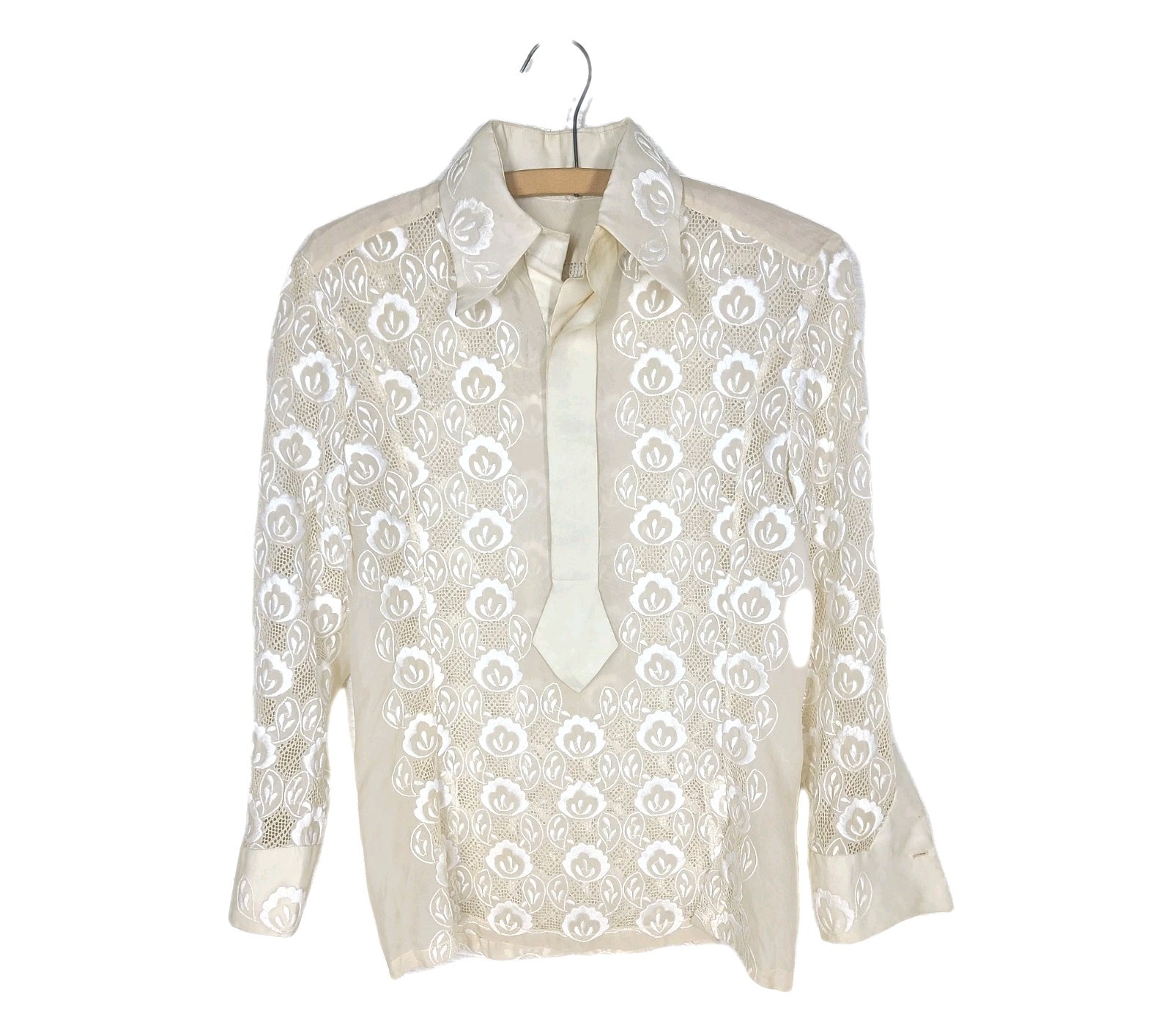 Vintage Ivory Silk Shirt Barong Tagalog Blouse Del Rosario Manila Womens Small