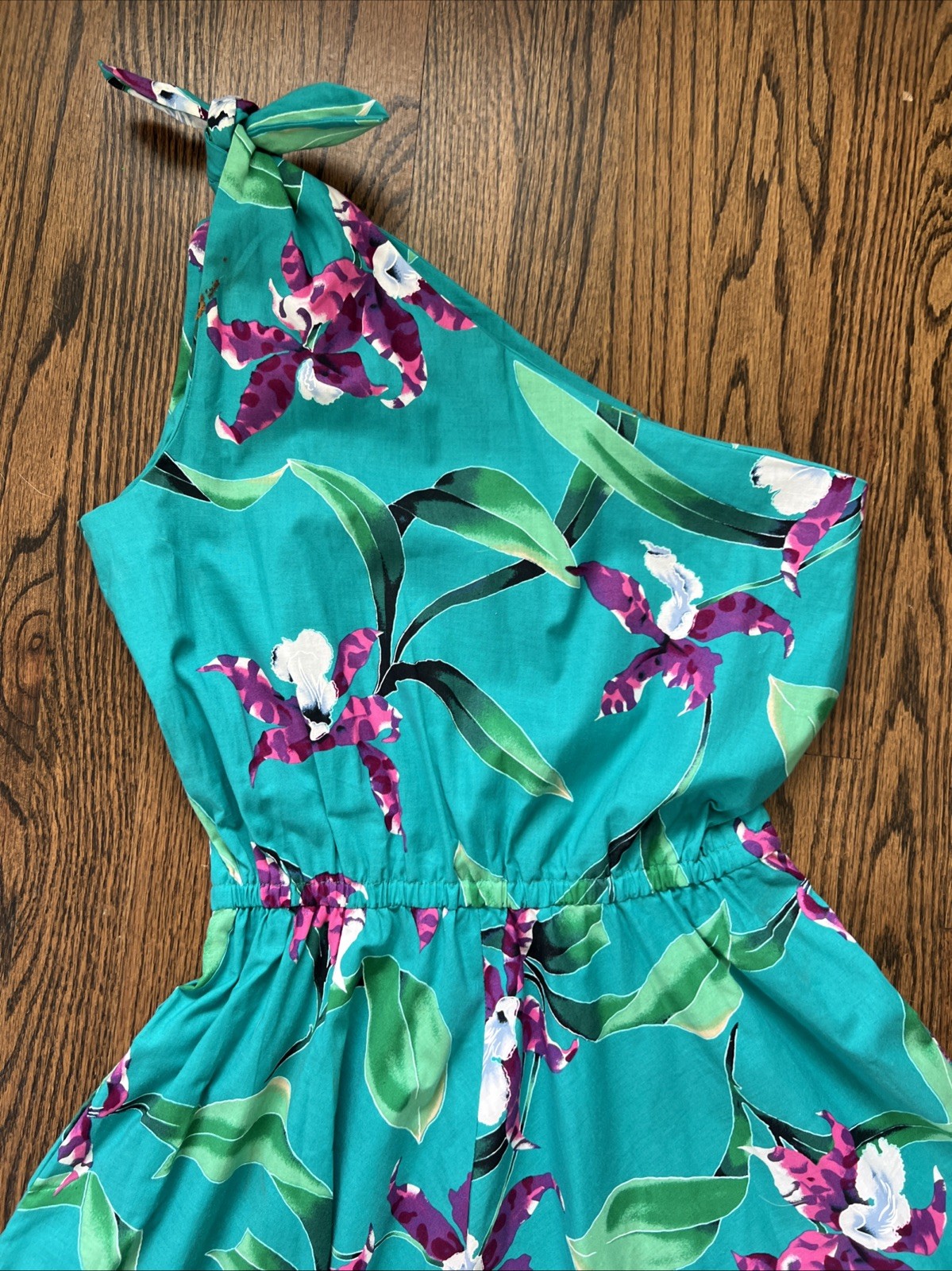 1980s Handmade One Shoulder Hawaiian Dress Teal W/Purple Orchid Flowers Size Sm