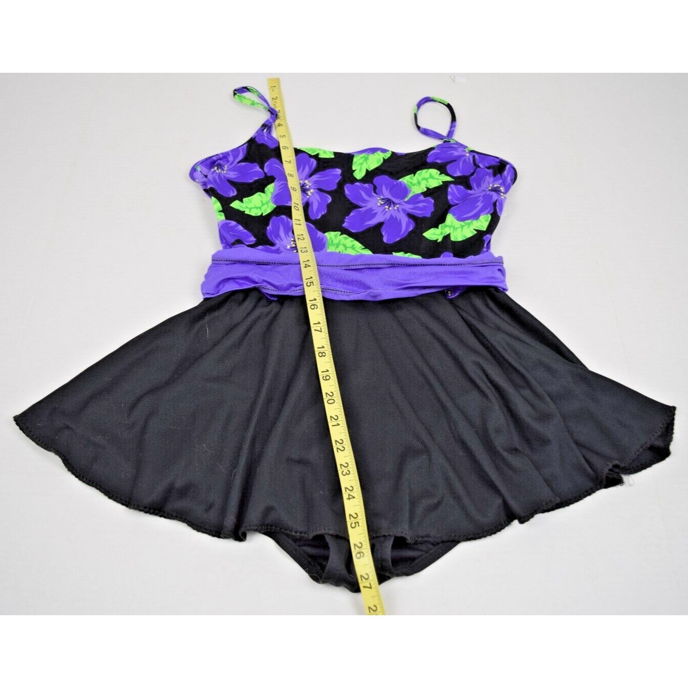 Vintage Swimsuit Size 14 S/M 80s Bright Iris Purple Green Black Skirt Stretchy