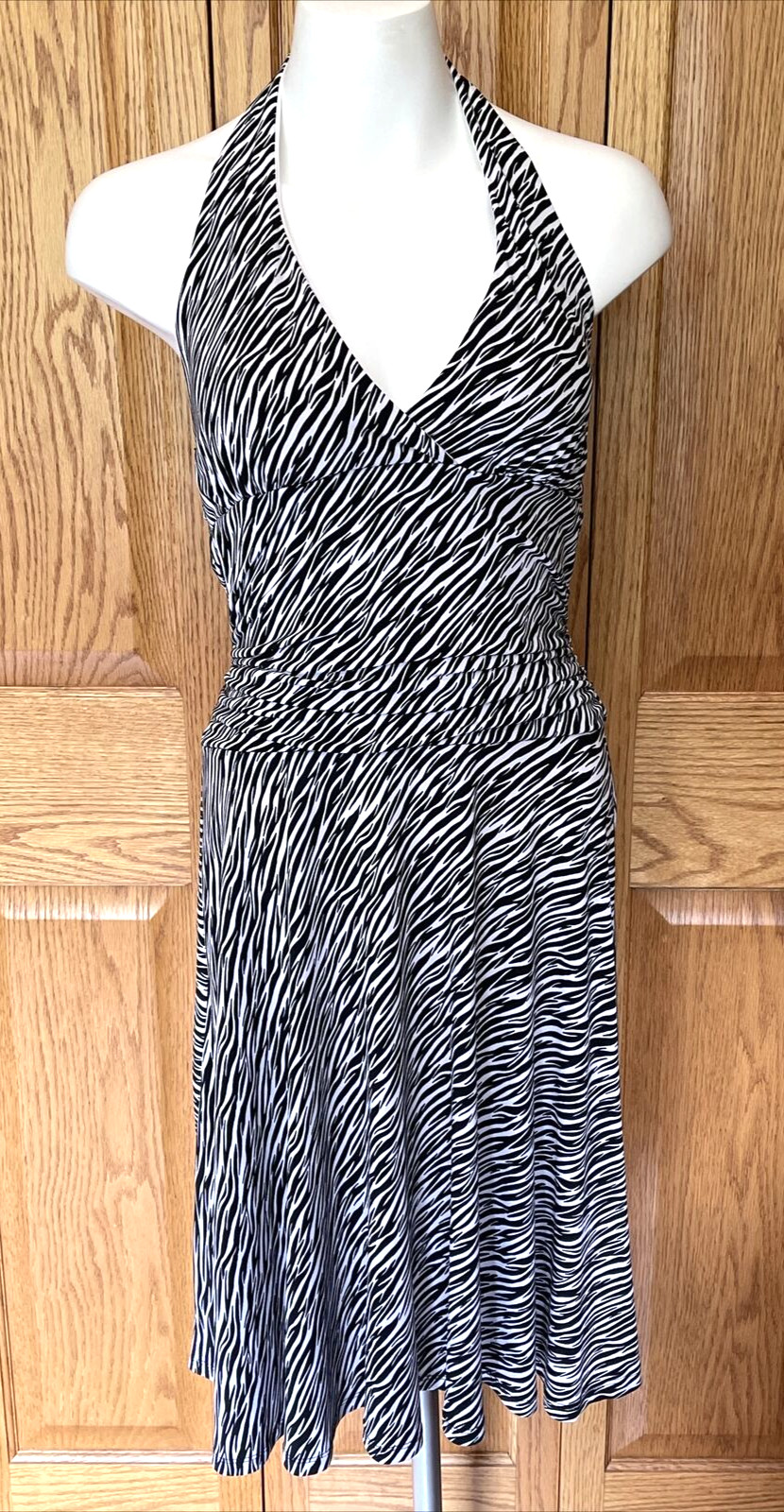 VTG My Michelle Sexy Diva Style Zebra Print Halter Flare Dress Blk/White Size M