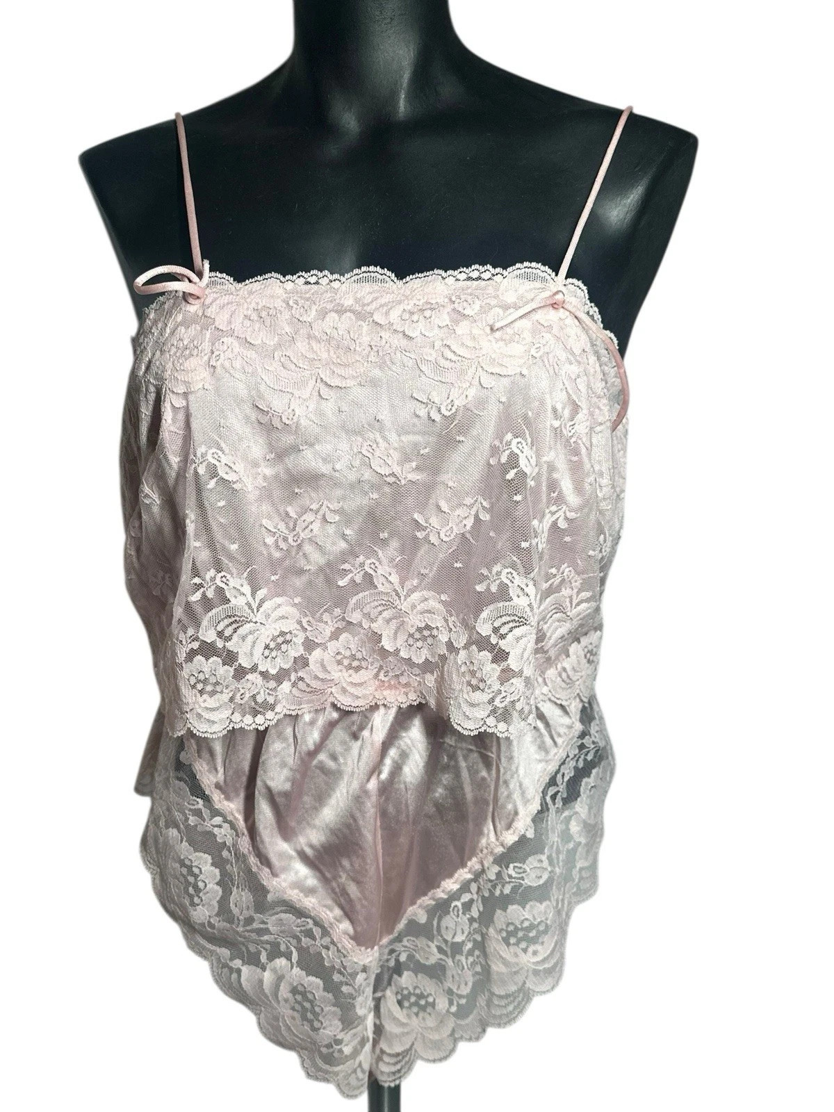 Deena Vintage Pink Teddy Lingerie Bodysuit Medium Nylon Lace Trim High Cut