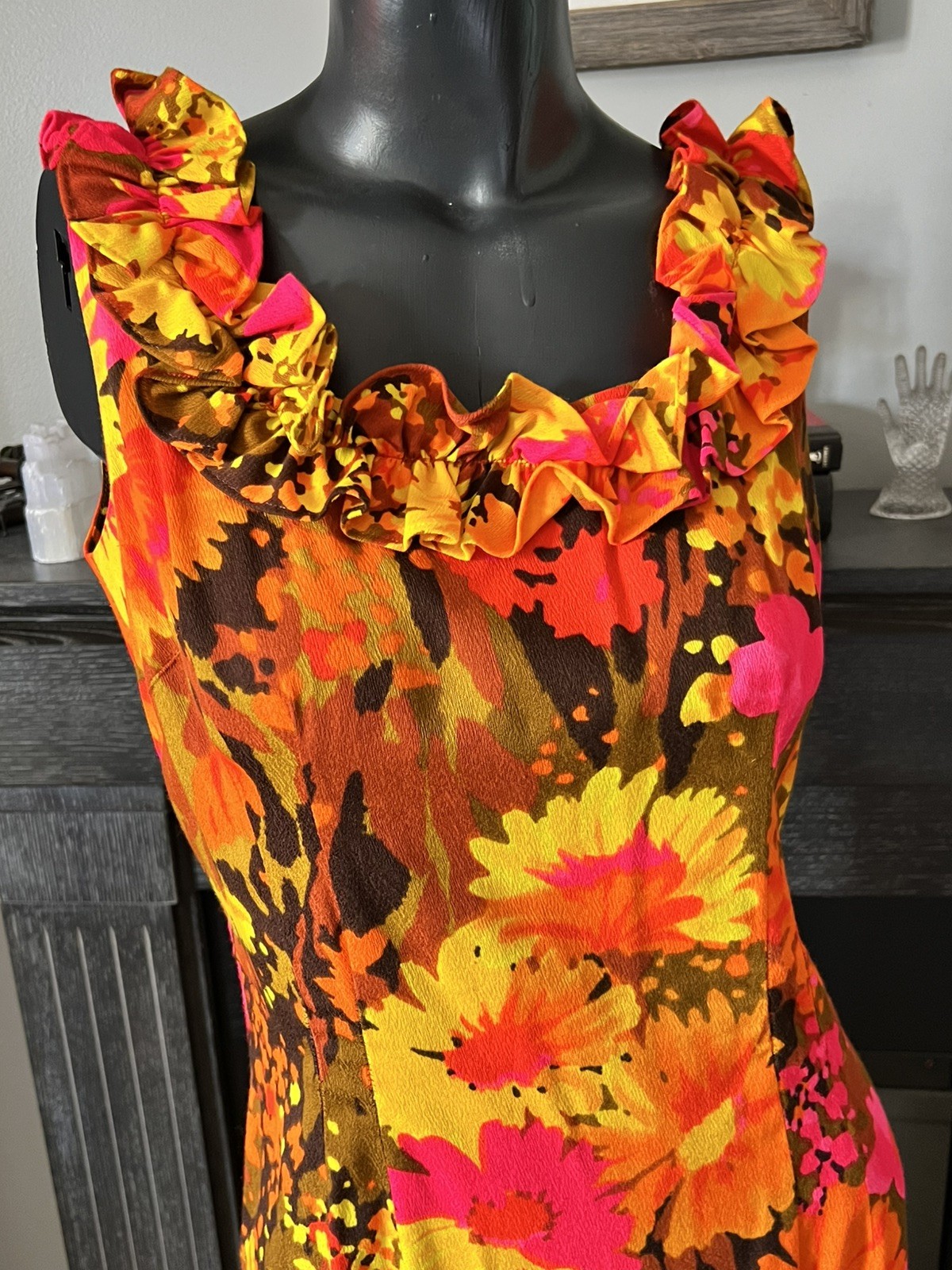 Sun Fashions Hawaii Honolulu Vintage 70s Psychedelic Hawaiian Tiki Maxi Dress M