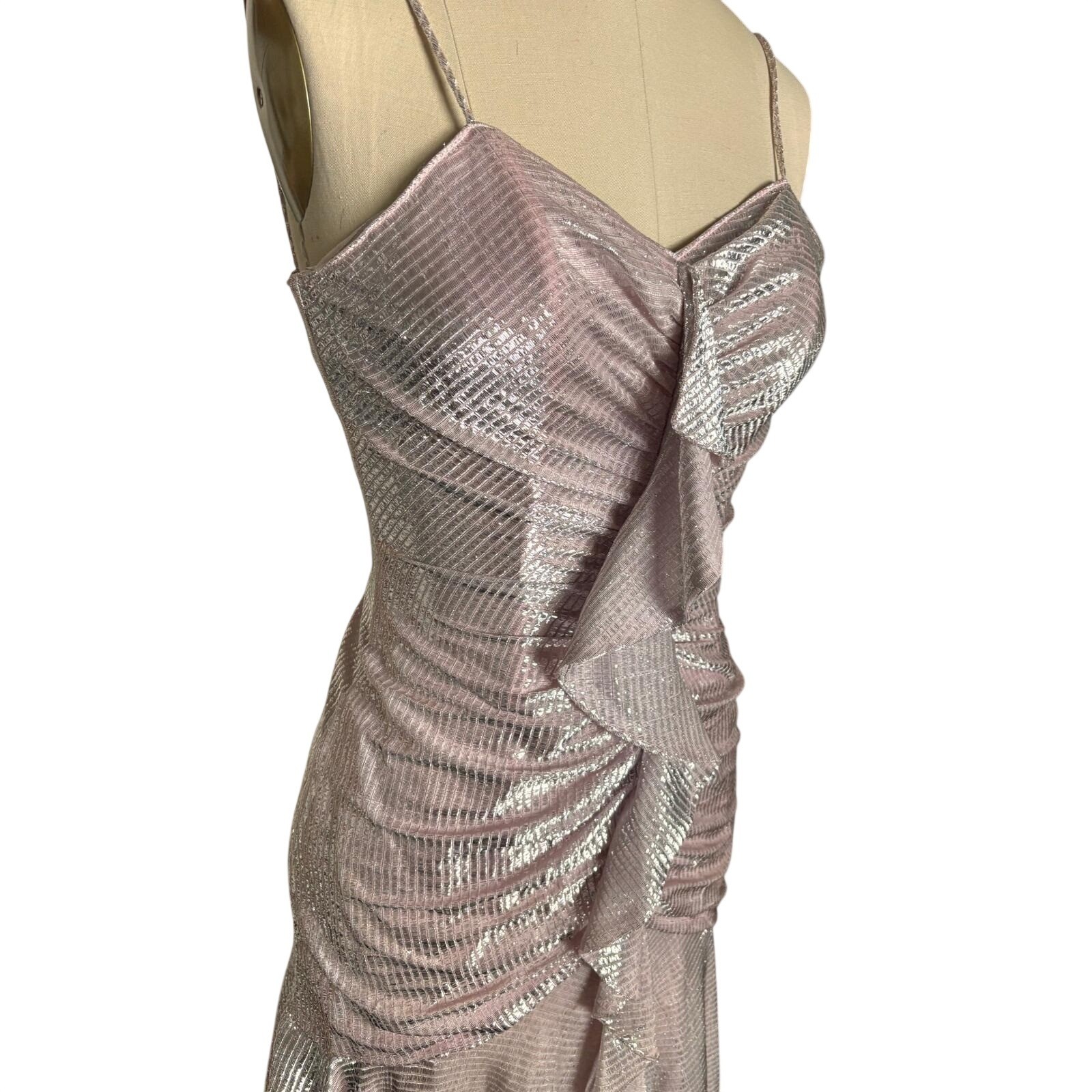 Vintage Ruched Metallic Lurex New Leaf by Samir Cocktail Dress Small Pink Silver