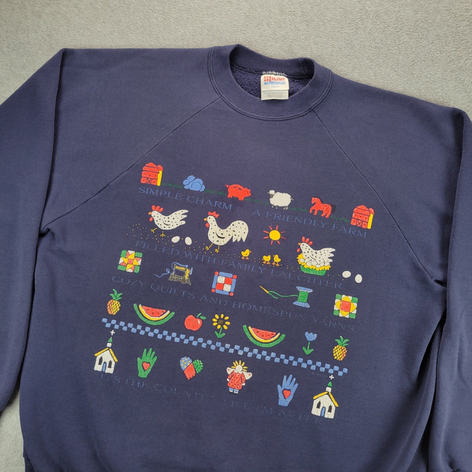 Vintage Hanes Activewear Navy Blue Country Farm Graphic Sweatshirt XL USA Fabric
