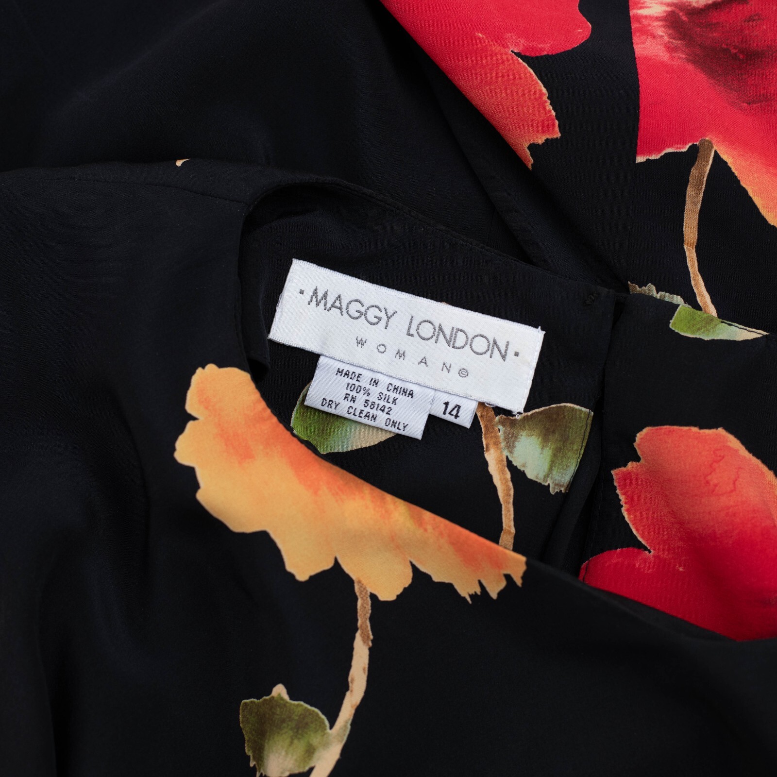 Vintage 90s Maggy London Pure Silk Dress Black w Tropical Flowers Sz 14