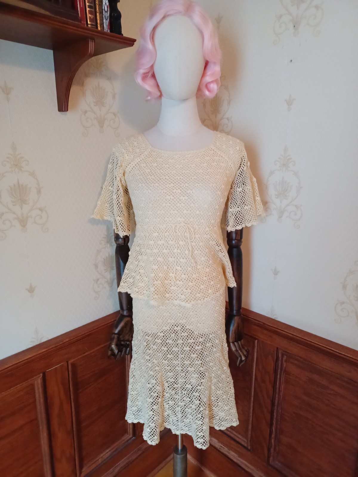 Vintage 1970s Boho/ Hippie/ Beach Wedding Ivory 2-piece Handmade Crochet Dress