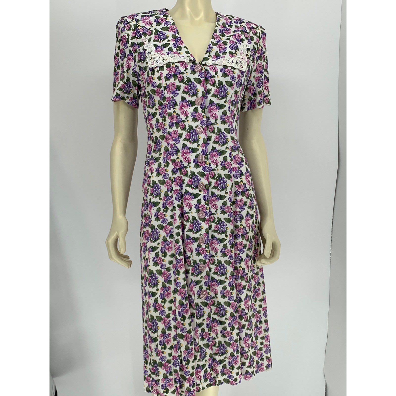 Whirlaway Frocks Vintage 90s Cottagecore Floral Lace Collar Dress Purple 6P
