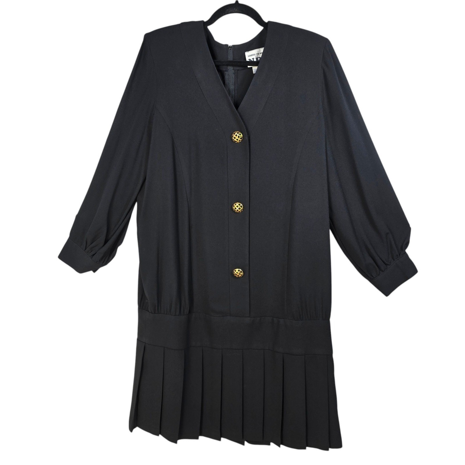 Sandra Ow-Wing for NR1 Vintage Black Drop Waist Pleated Dress Gold Buttons Sz 14