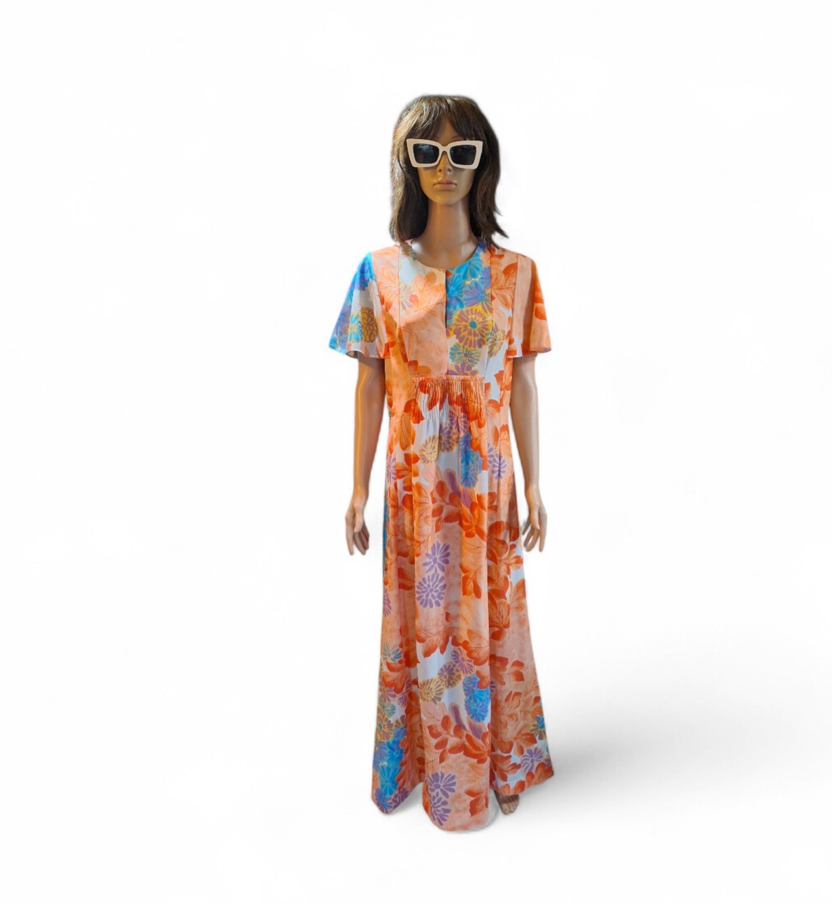 True VTG 1970s MALIHINI HAWAII Mid-century Mod Polyester Maxi Dress Muu Muu L