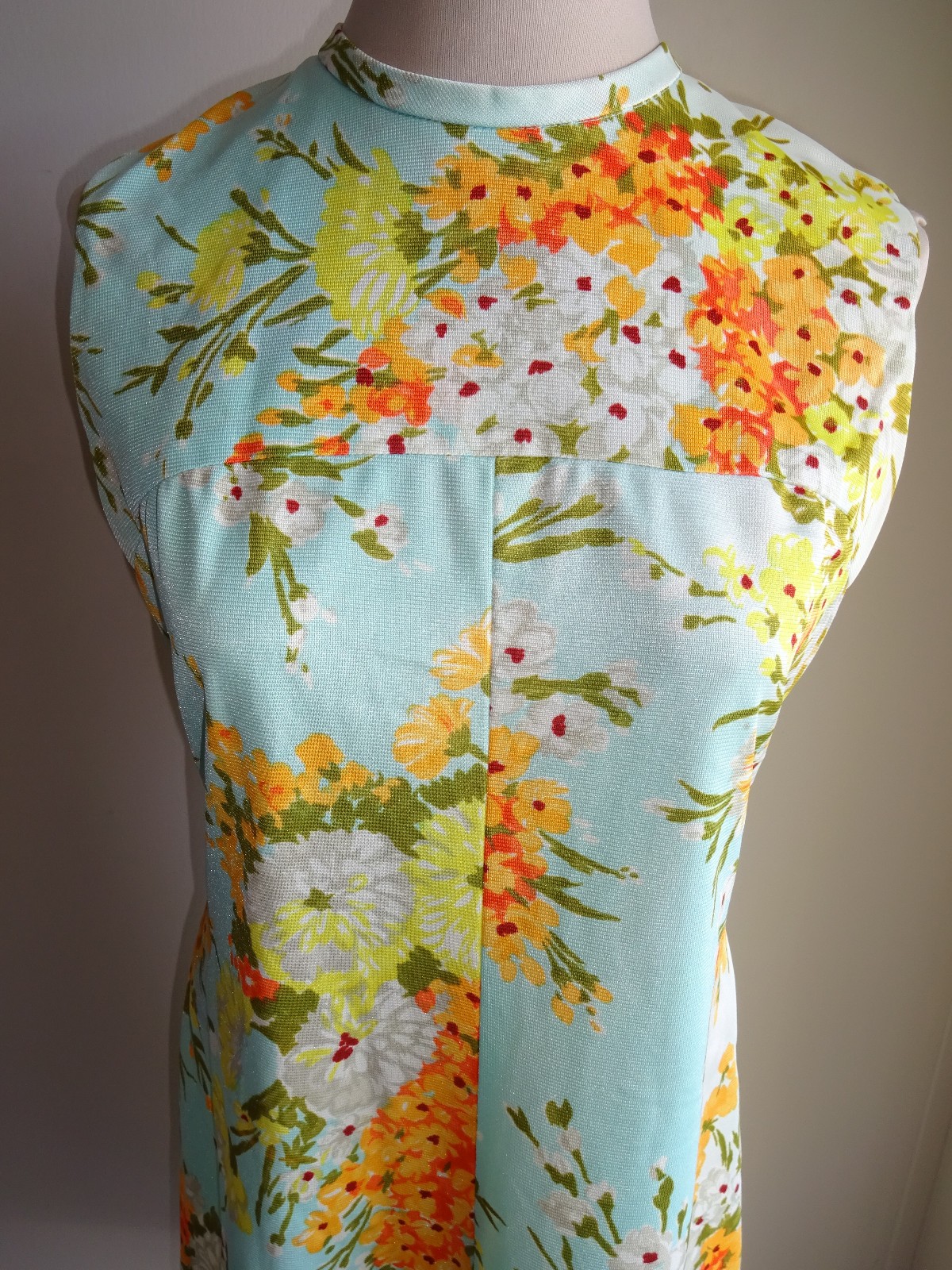 Vintage Blue 1970s Floral Sleeveless Shift Dress S M Orange Yellow White Flowers